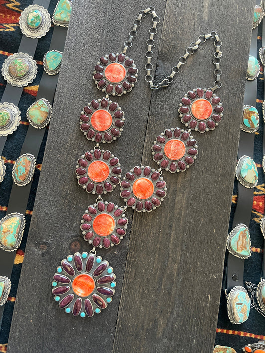 Stunning Navajo Sterling Silver, Carved Spiny Oyster and Turquoise Necklace by Gilbert Platero