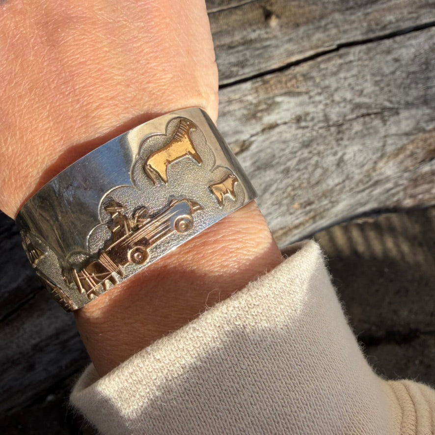 Apache Richard Reeve Sterling Silver with Gold Overlay Storyteller Cuff Bracelet