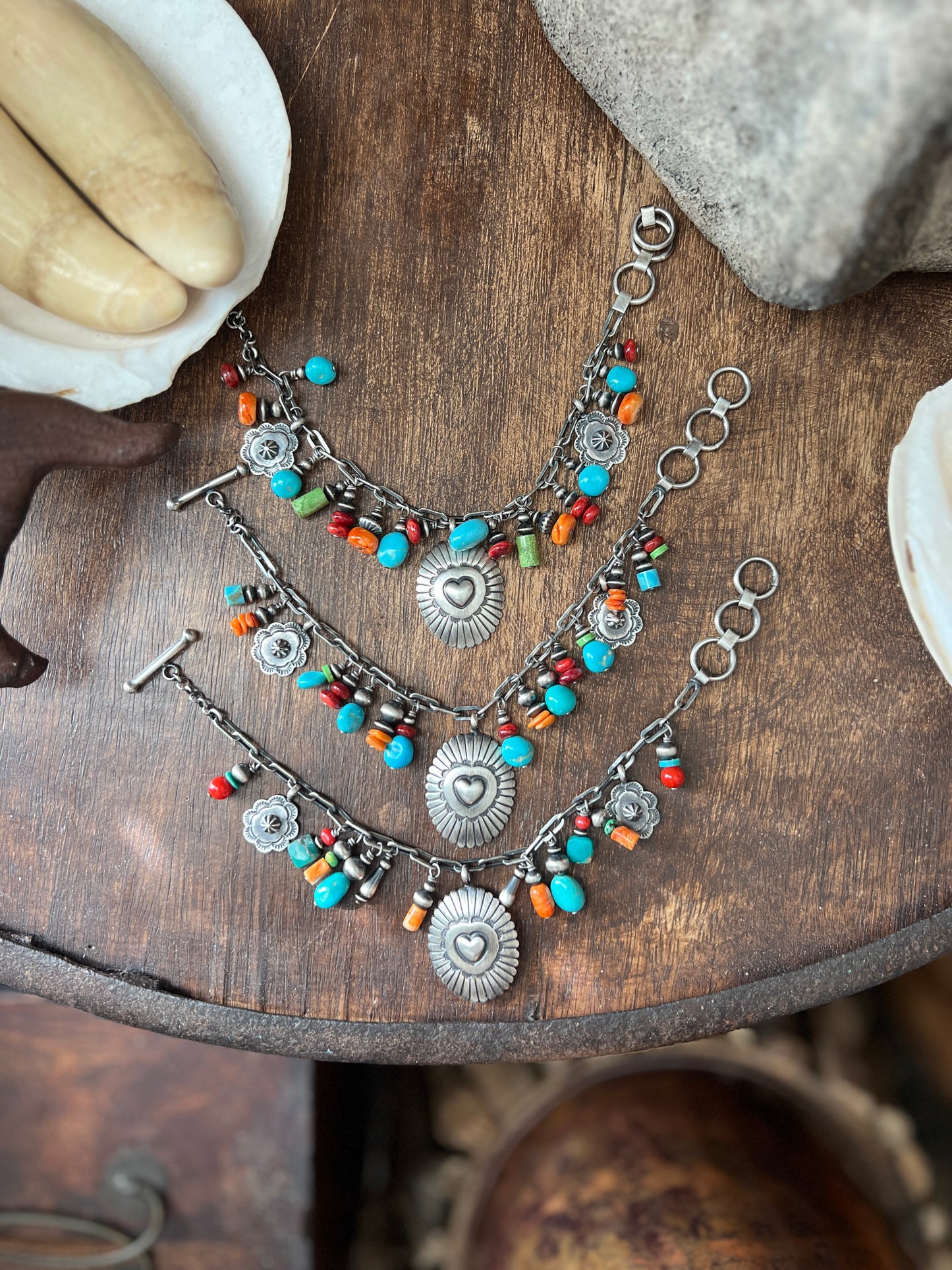 Raymond Coriz Handcrafted Electric Rainbow Sterling Silver Concho & Multistone Beaded Charm Bracelets