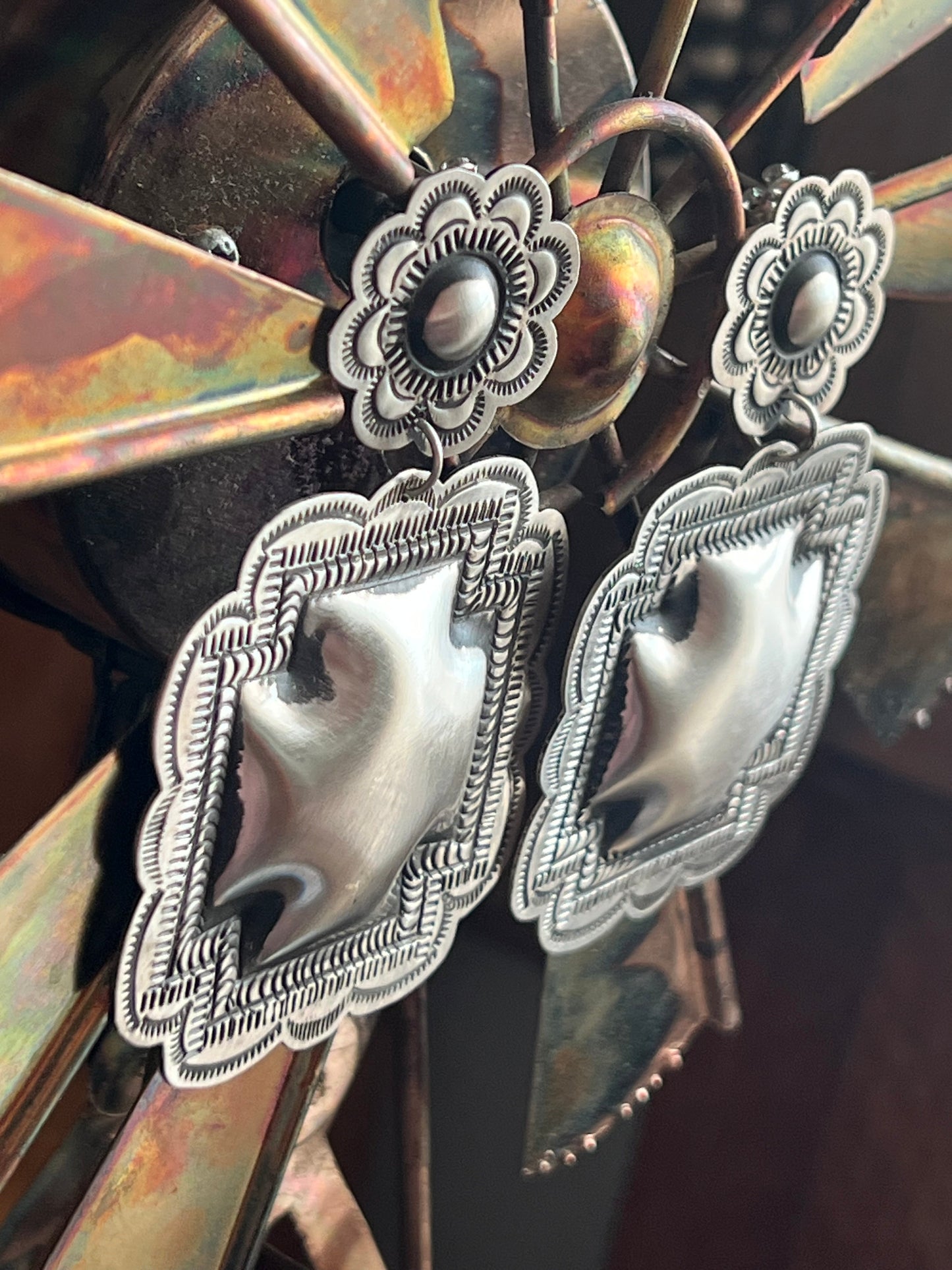 Handmade Navajo Sterling Silver Stamped Repousse Santa Fe Cross Earrings by Leander Tahe, C3