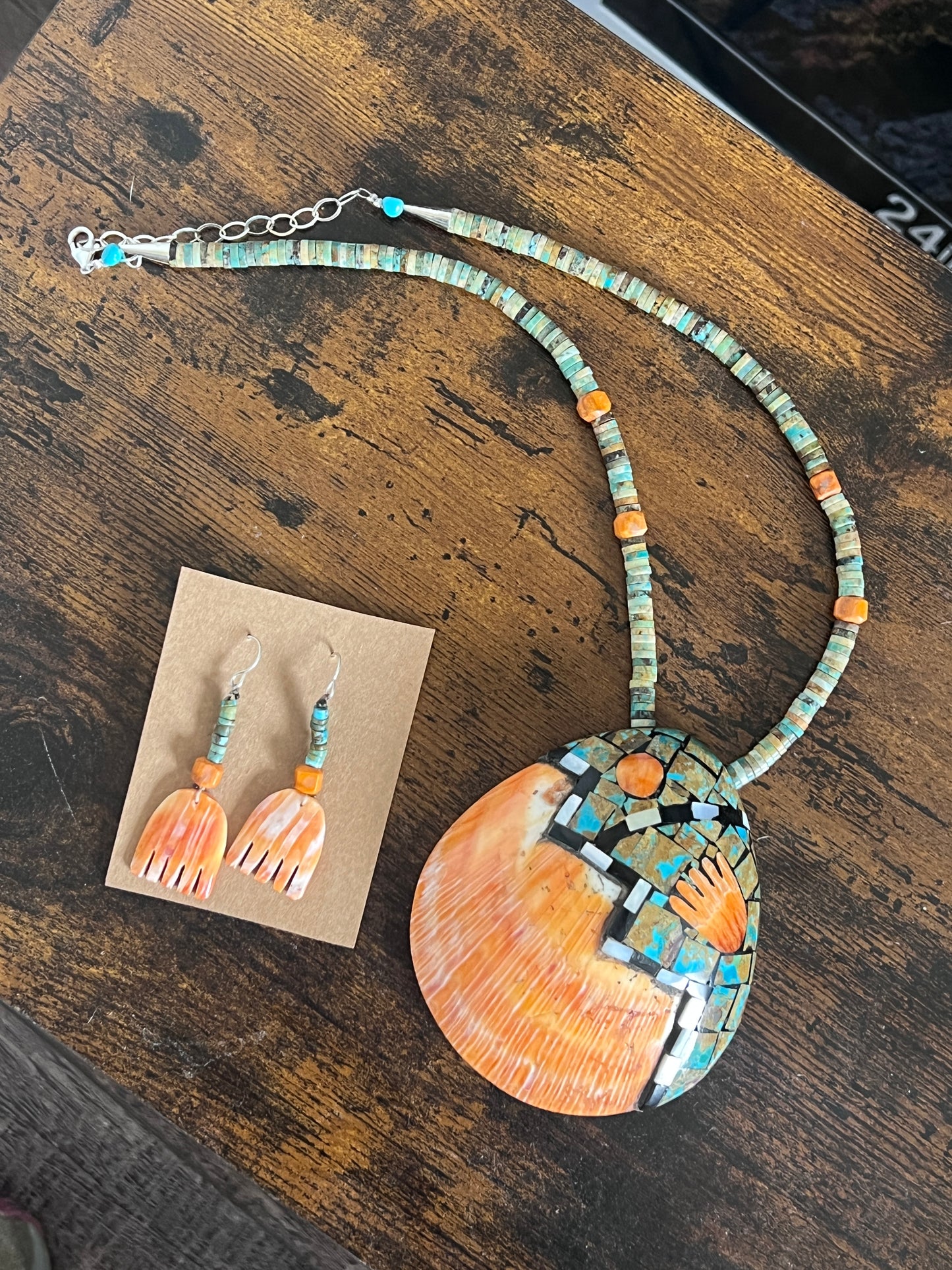 Warren Nieto Turquoise and Spiny Oyster Shell Healing Hand Necklace and Earrings Set
