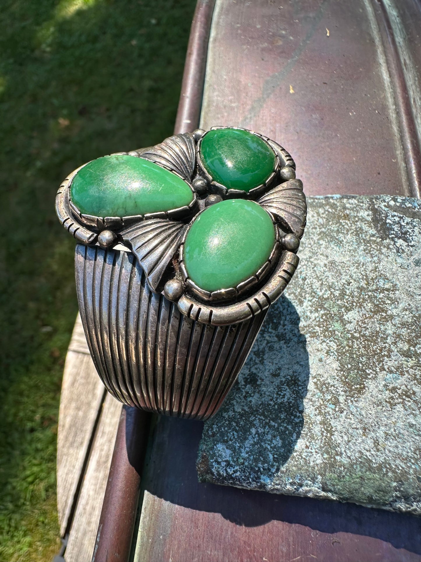 Vintage Sterling Silver Three Stone Green Goddess Cuff Bracelet, Unsigned