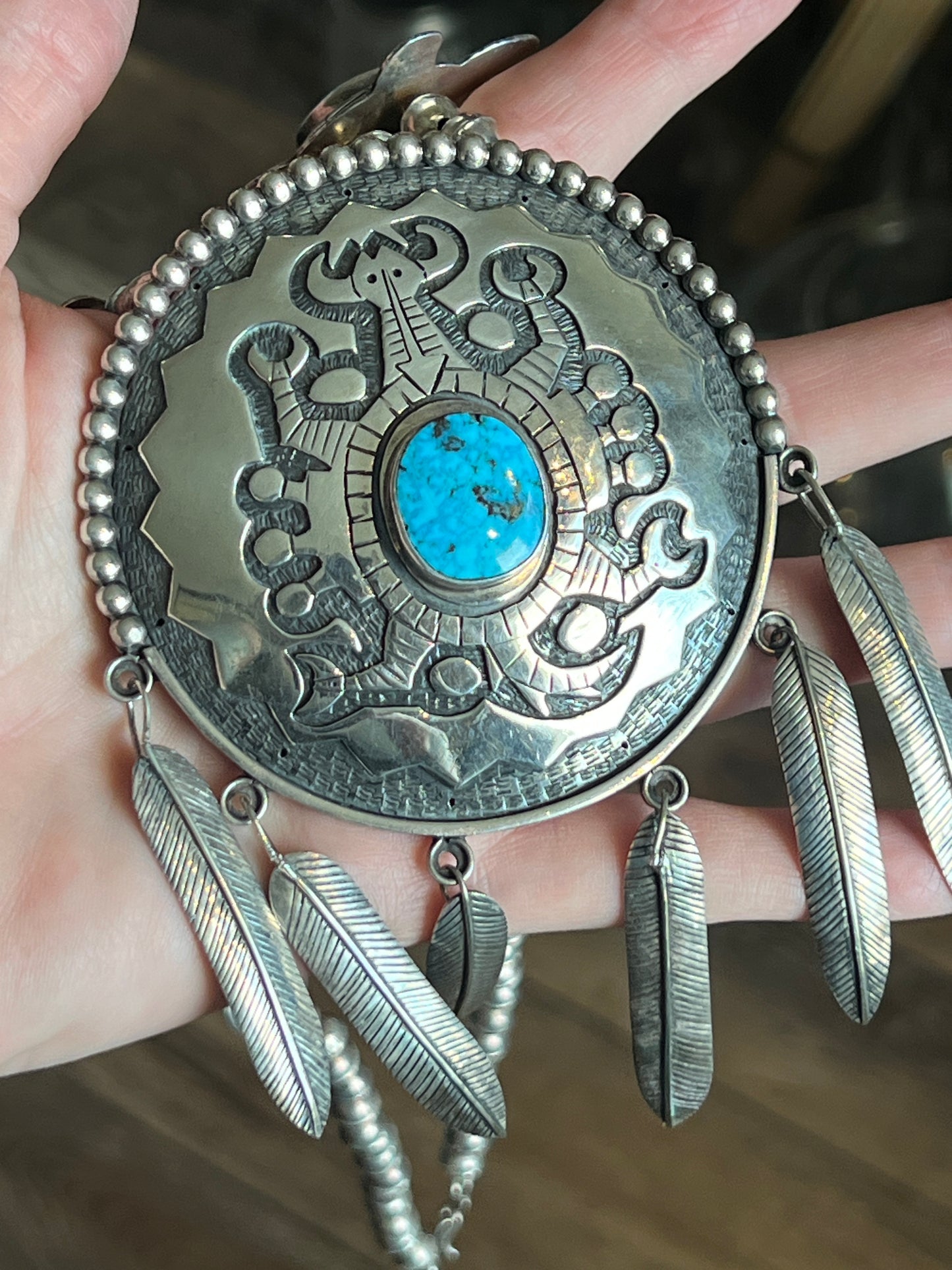 Vintage Sterling silver and Turquoise Turtle Themed Squash Blossom Style Necklace