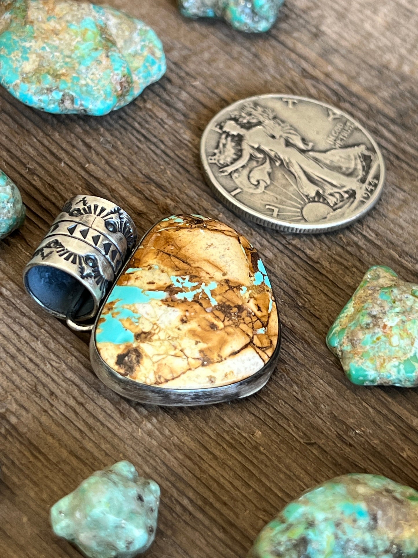 Navajo Sterling Silver and Royston Ribbon Turquoise Solo Pendant by Angela Martin