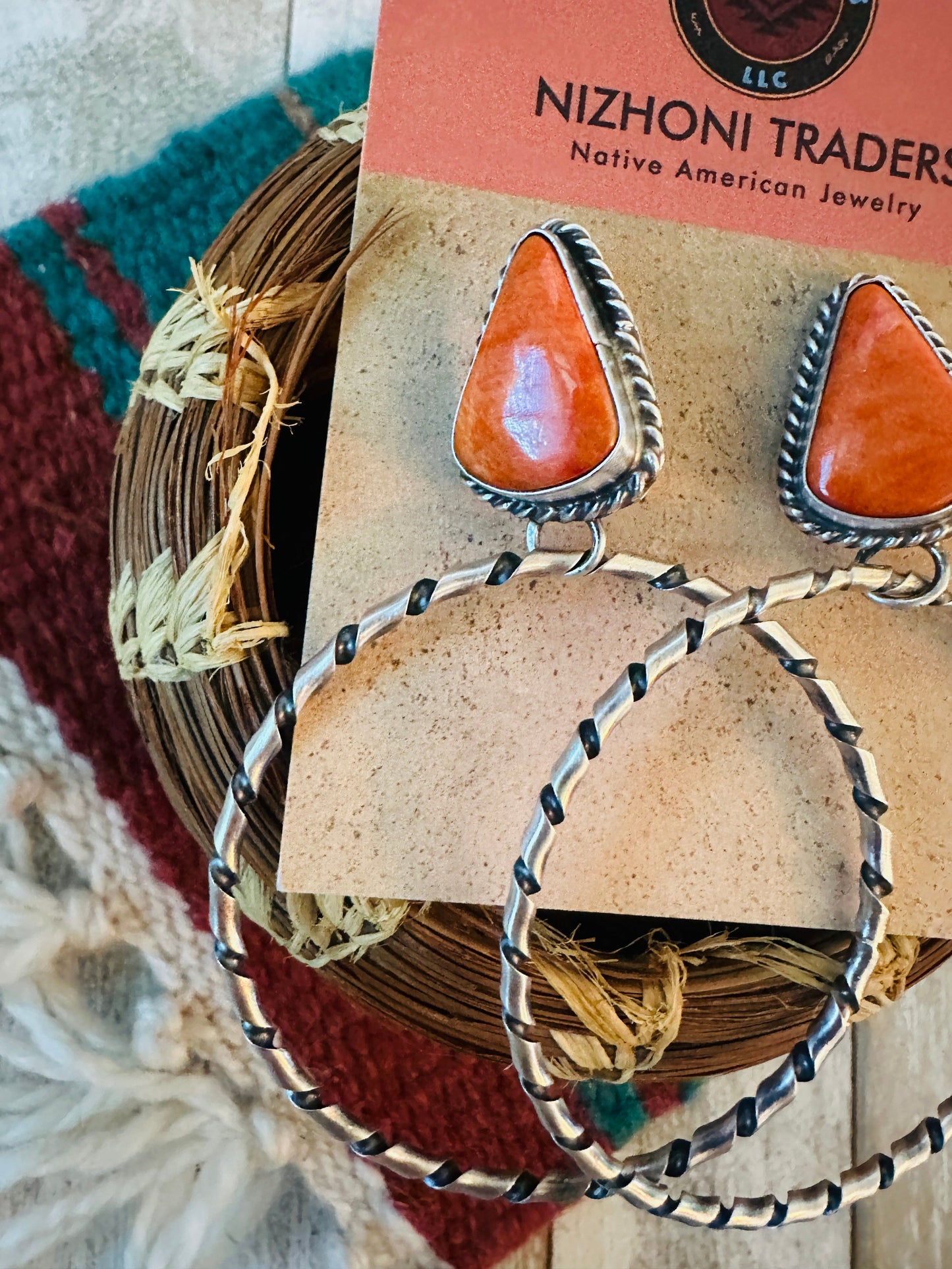 Navajo Orange Spiny and Sterling Silver Dangle Hoop Earrings