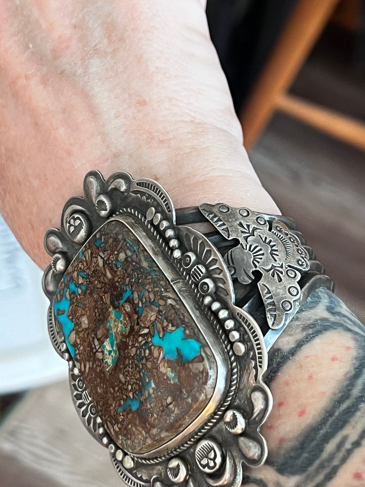 Chunky Dean Sandoval Sterling Silver and Pilot Mountain Turquoise Thunderbird Cuff Bracelet