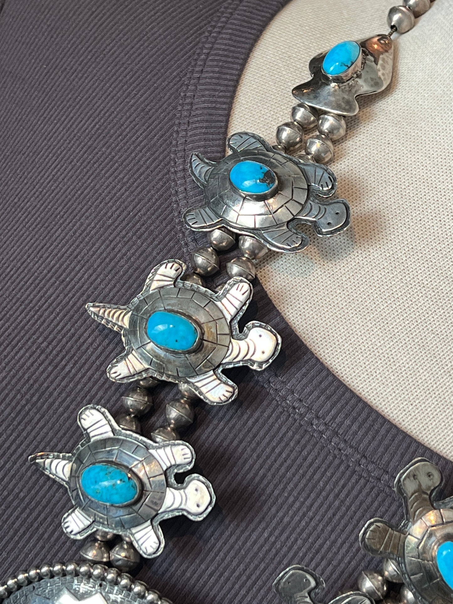 Vintage Sterling silver and Turquoise Turtle Themed Squash Blossom Style Necklace