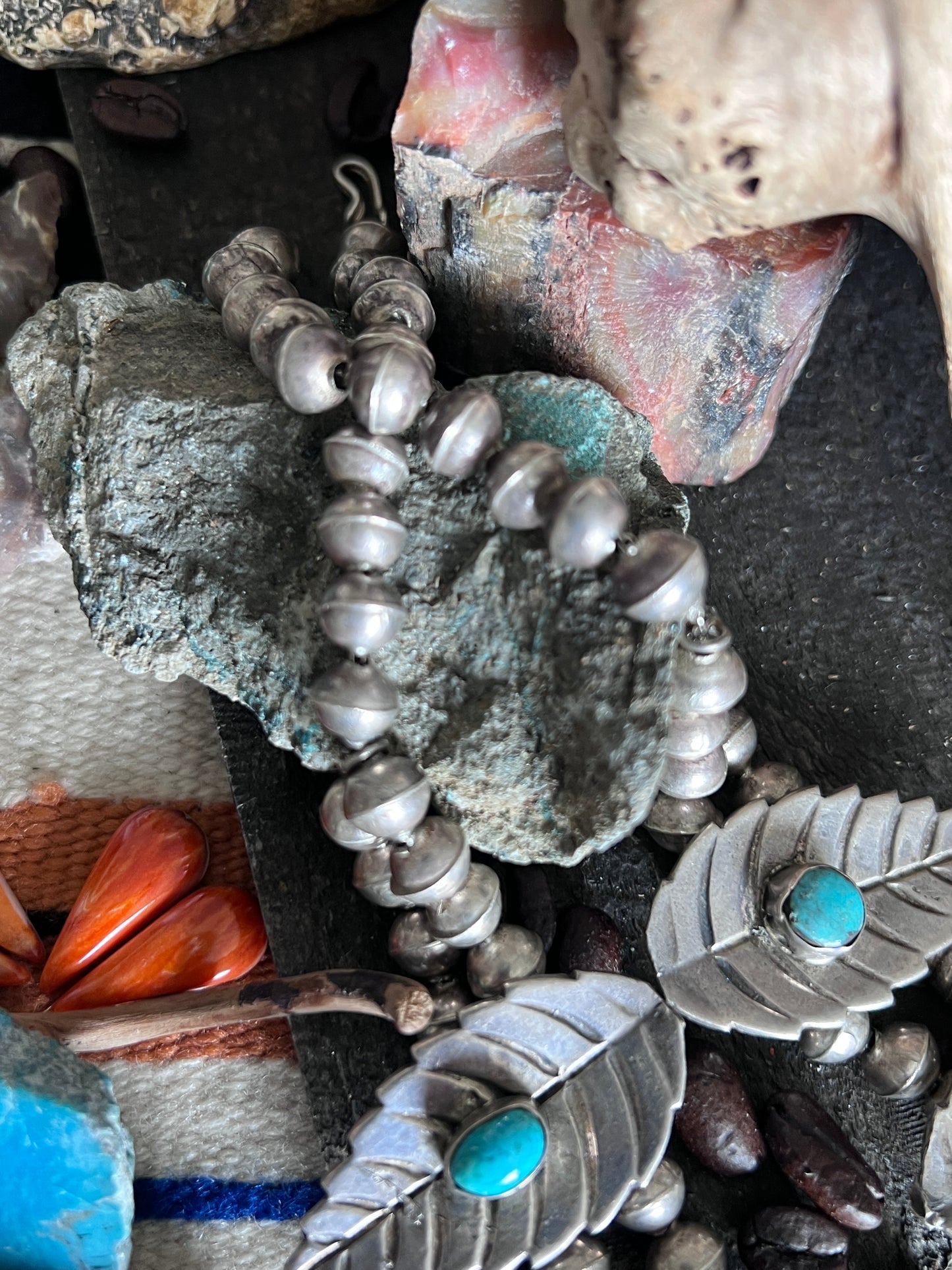 Vintage Unsigned Sterling Silver and Turquoise Squash Blossom with Leaf Motif