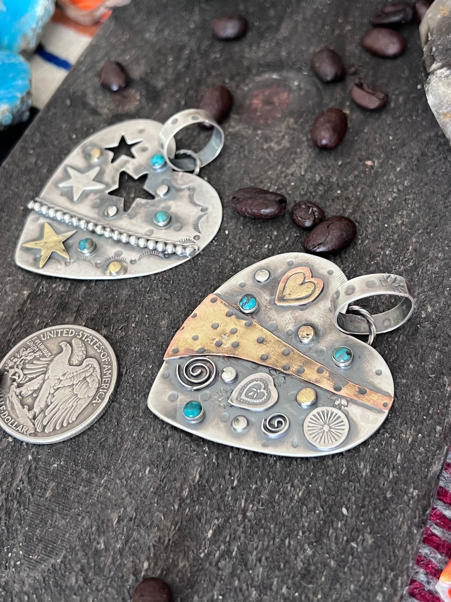 Hand Stamped Sterling Silver & Turquoise Heart Pendants w/ Brass Accents by Kimari Somers