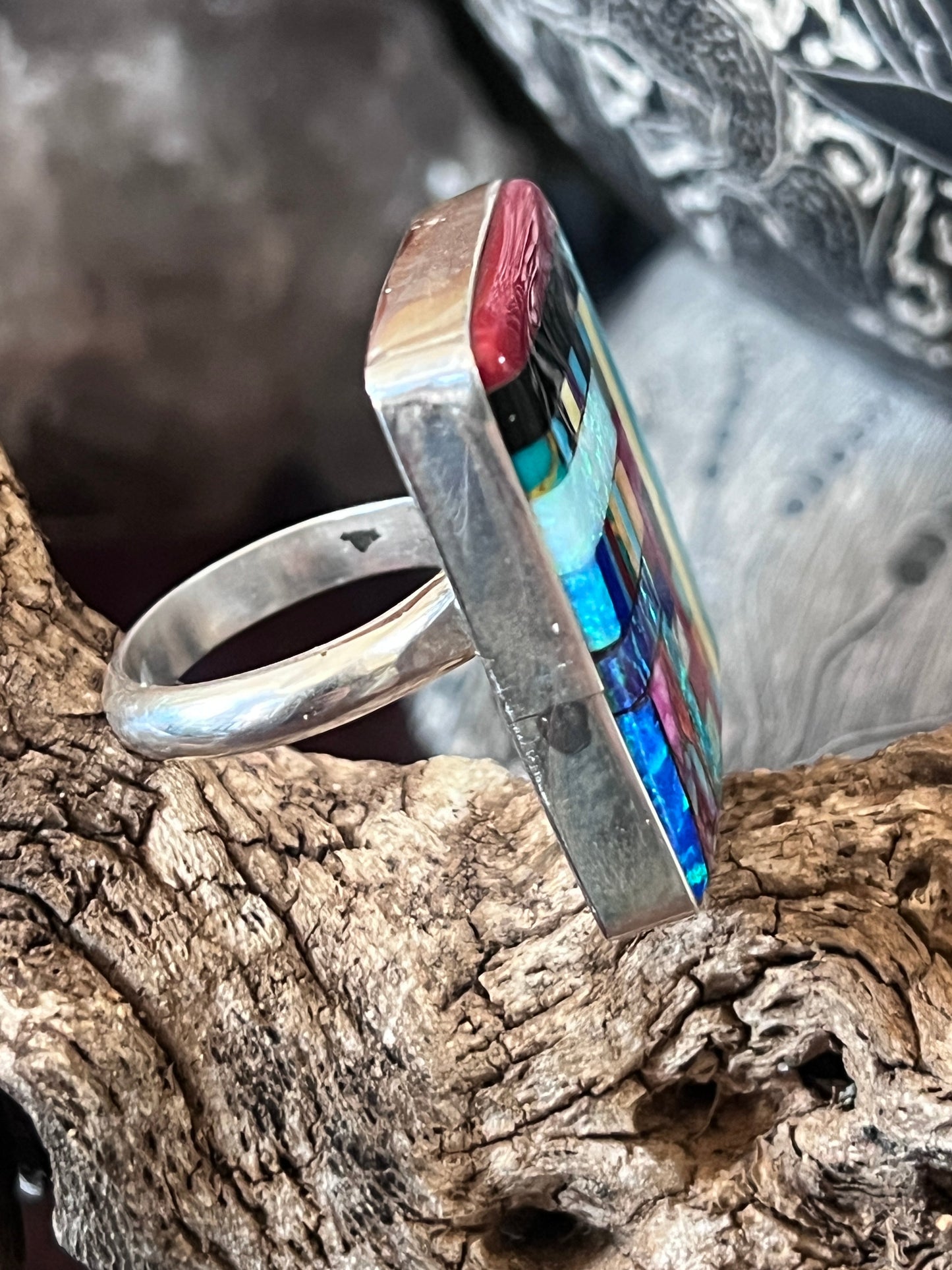 Ronald Chavez Electric Rainbow Sterling Silver Square Mosaic Multistone Ring, Size 10