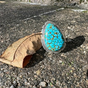 Navajo Sterling Silver Webbed Kingman Turquoise Ring Signed by Allen Lee