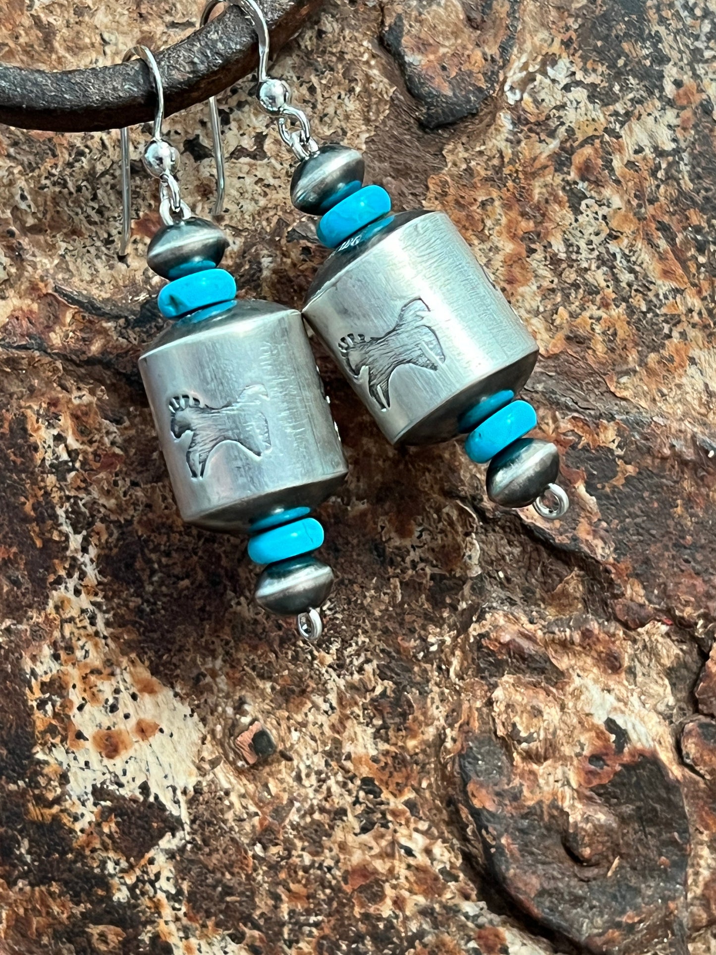 Navajo Sterling Silver and Turquoise Handmade Barrel Bead Earrings by Preston Haley