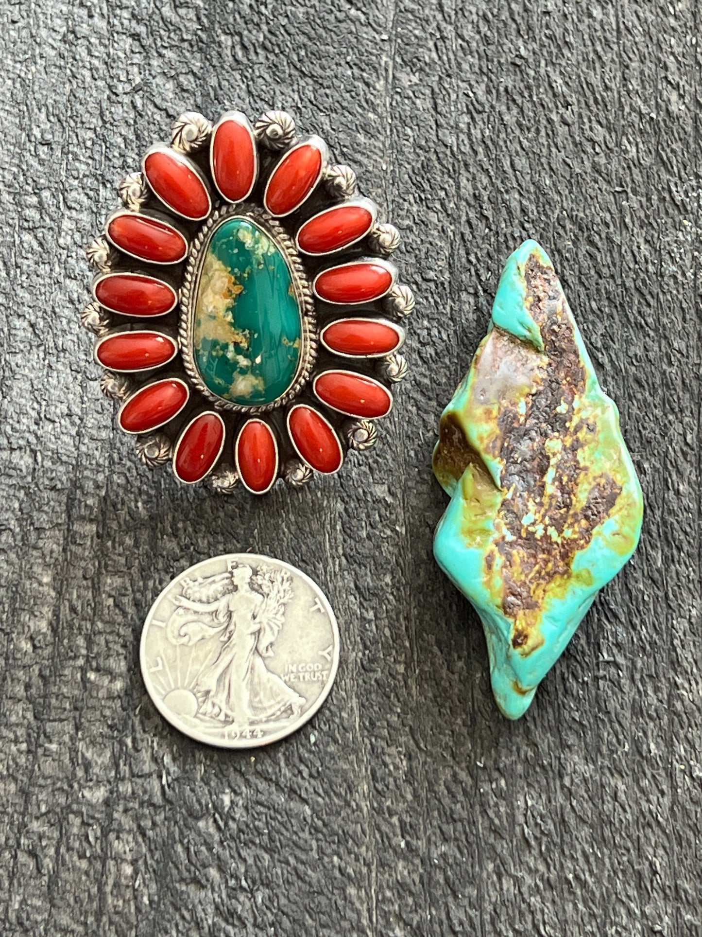 Navajo Sterling Silver, Royston Turquoise and Mediterranean Coral Cluster Ring by Tyler Brown, Adjustable