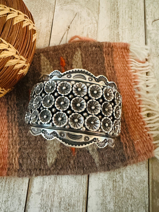 Navajo Hand Stamped Sterling Silver Flower Cuff Bracelet By Leroy James
