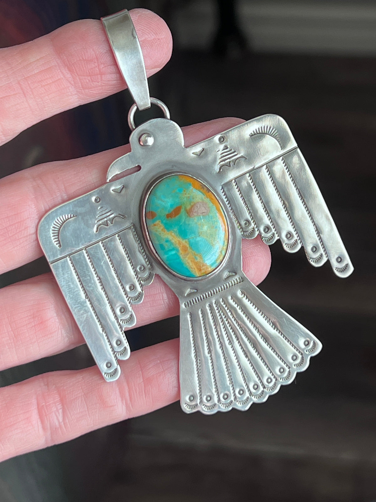 Kimari Somers Hand Stamped Sterling Silver & Kingman Turquoise Thunderbird Pendant 7