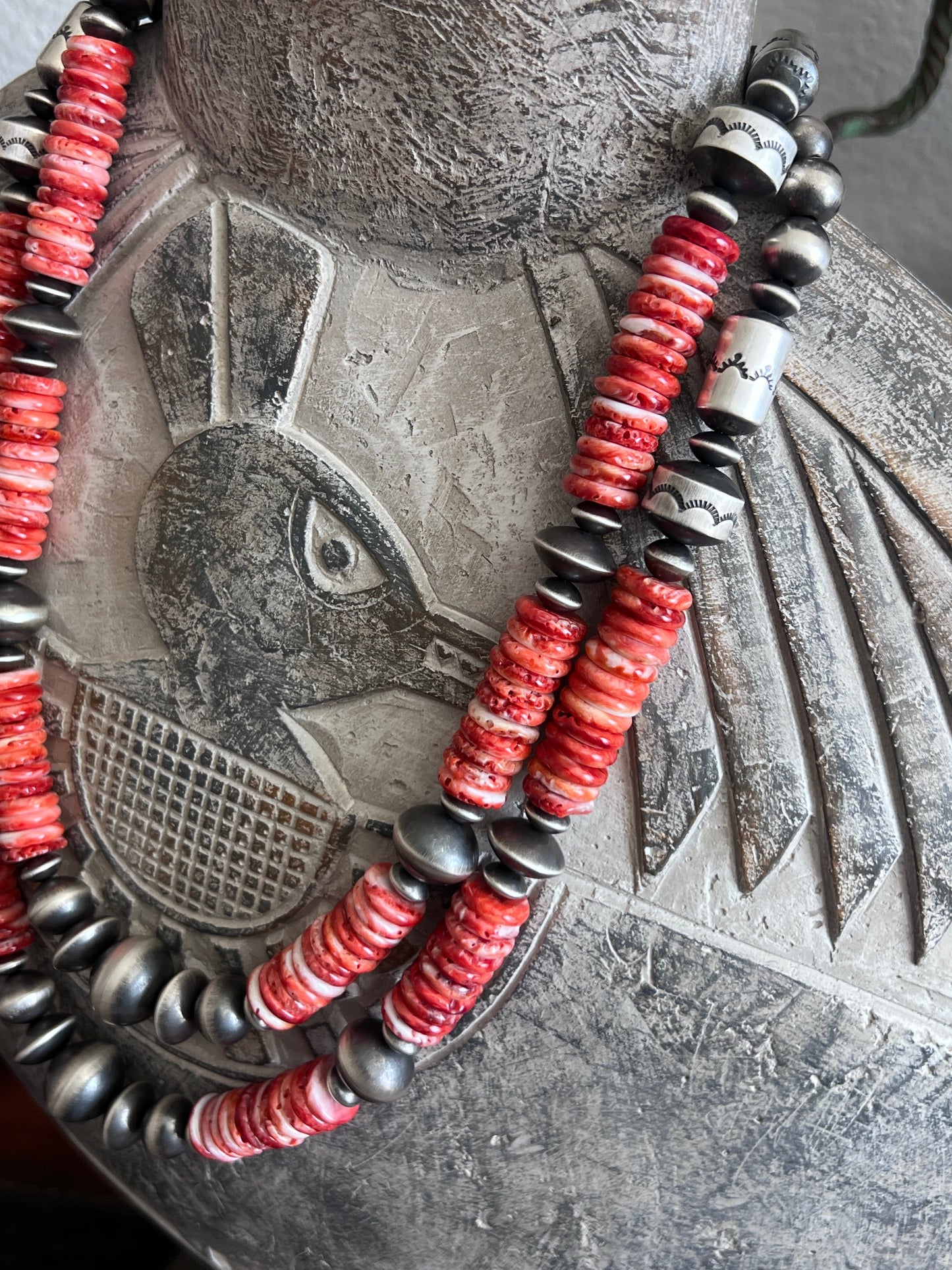 Chunky Sterling Silver and Red Spiny Oyster Single Strand Beaded Necklace by Rose Martin, 22” + 1-1/2”