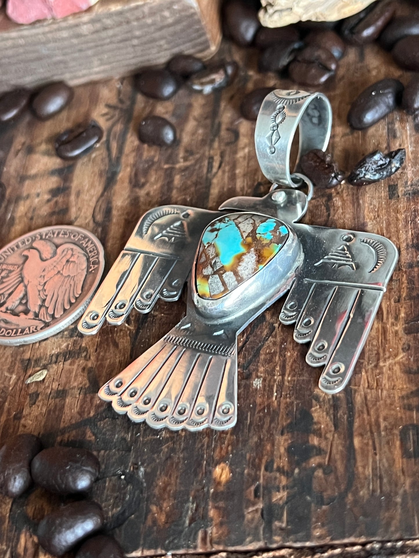 Hand Stamped Sterling Silver and Turquoise Thunderbird Pendant by Kimari Somers