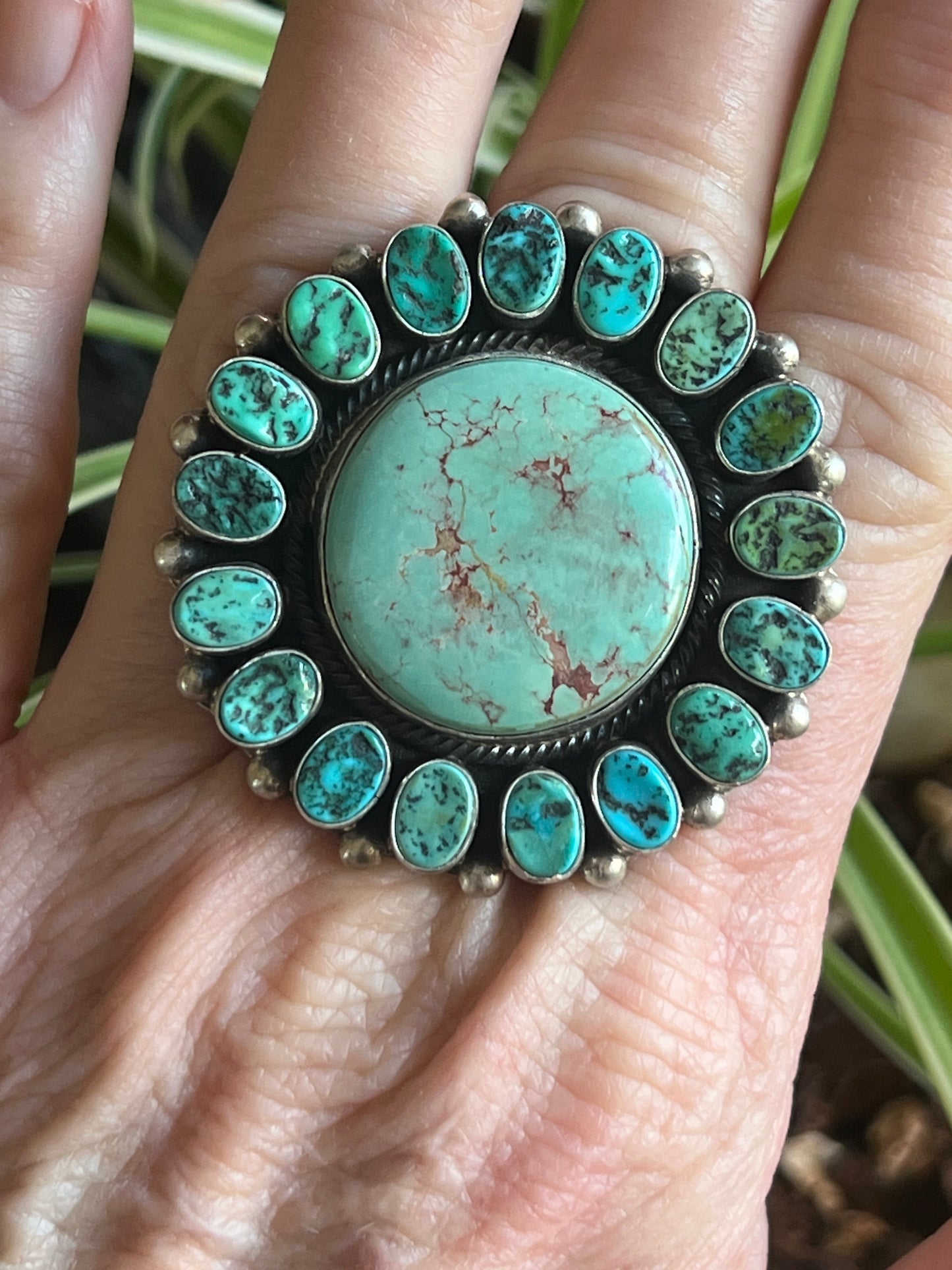 Navajo Sterling Silver Around The World Kingman Cluster Ring by Blaine Yellowhorse, Size 7.5