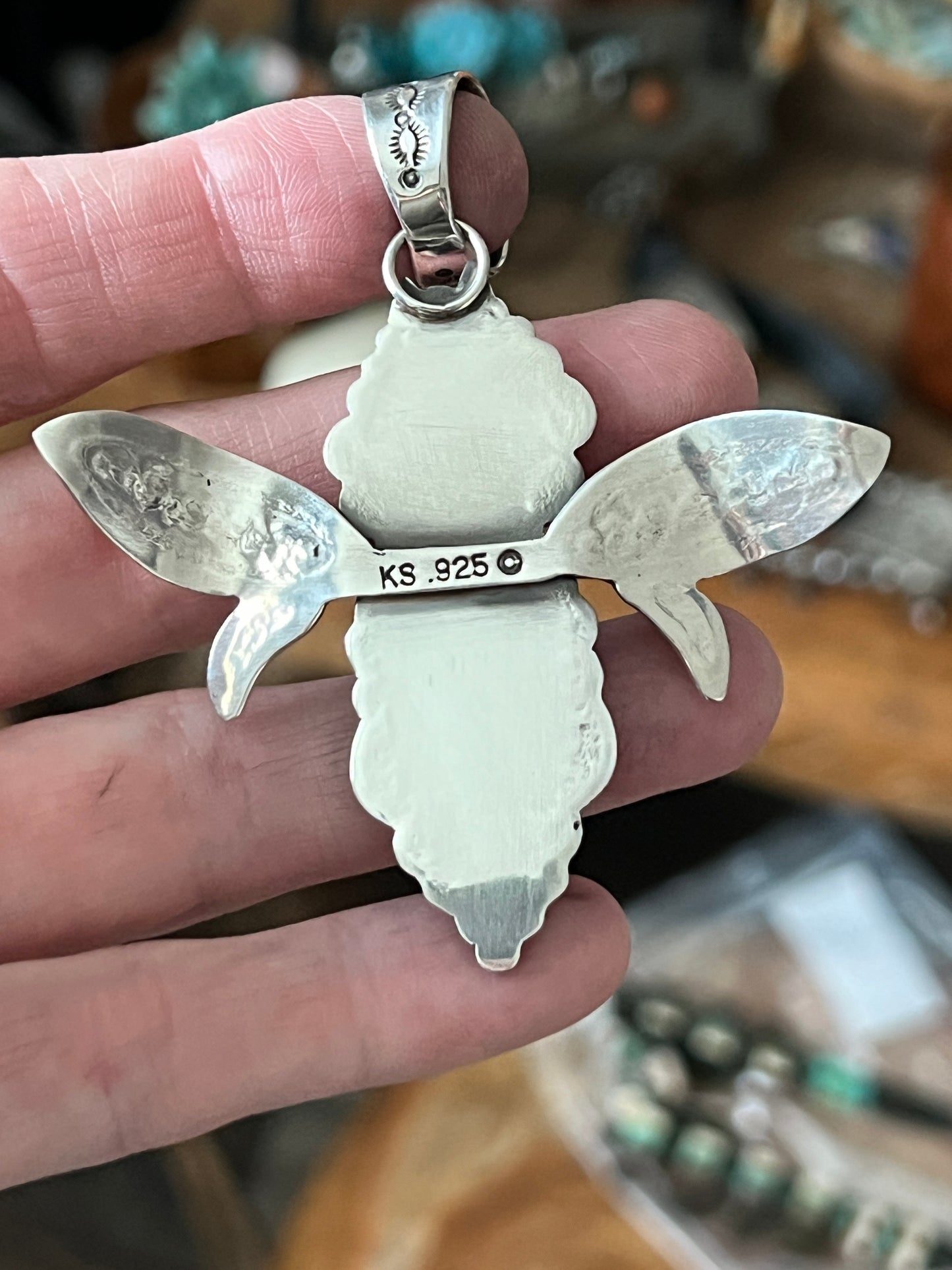 Sterling Silver and Turquoise Winged Bug Pendant by Kimari Somers