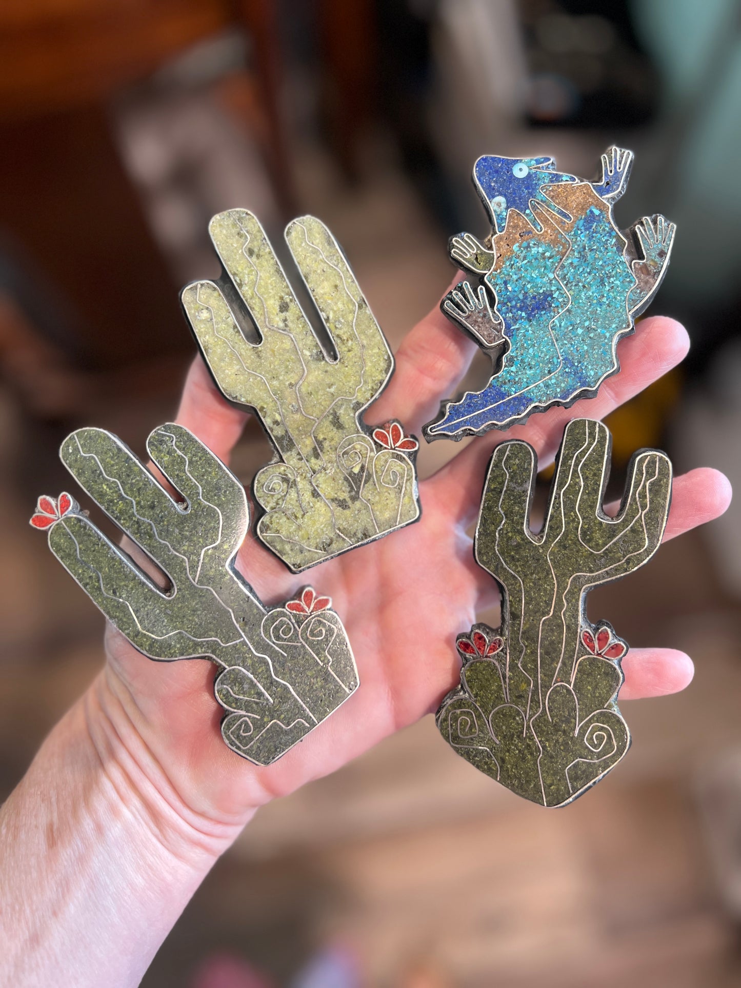 Warren Nieto Sterling Silver and Inlaid Stone Saguaro Cactus & Horned Toad Pendants