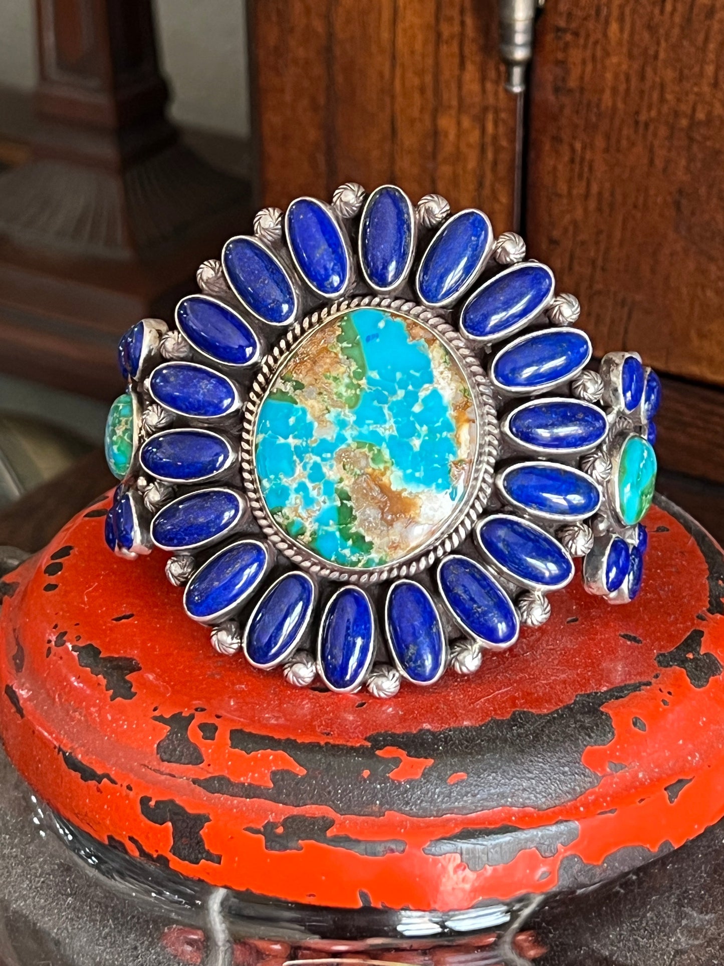 Navajo Sterling Silver, Sonoran Mountain Turquoise and Lapis Lazuli Cluster Cuff Bracelet by Tyler Brown