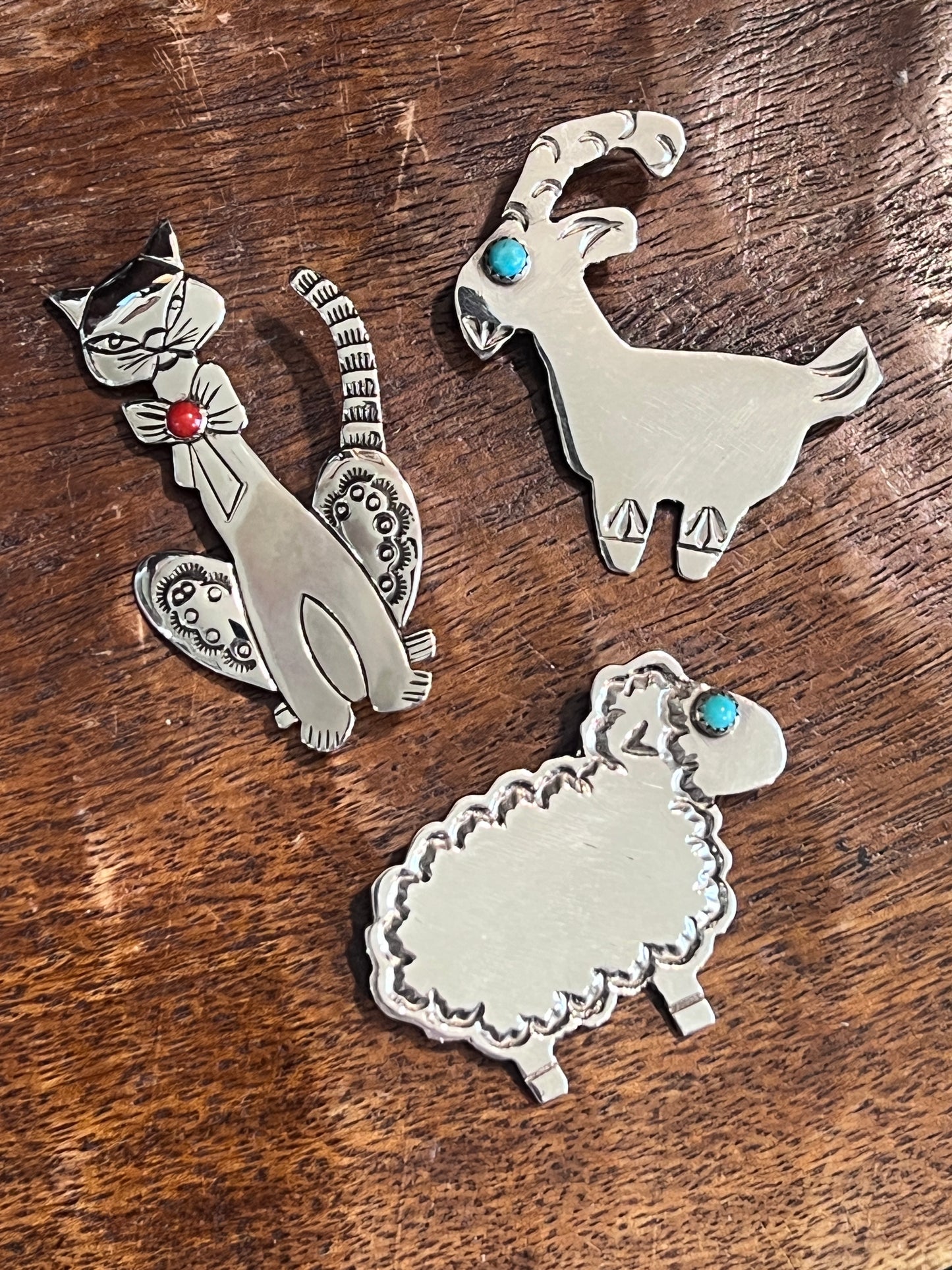 Native Crafted Sterling Silver Figural Animal Brooches: Cat, Sheep, Goat