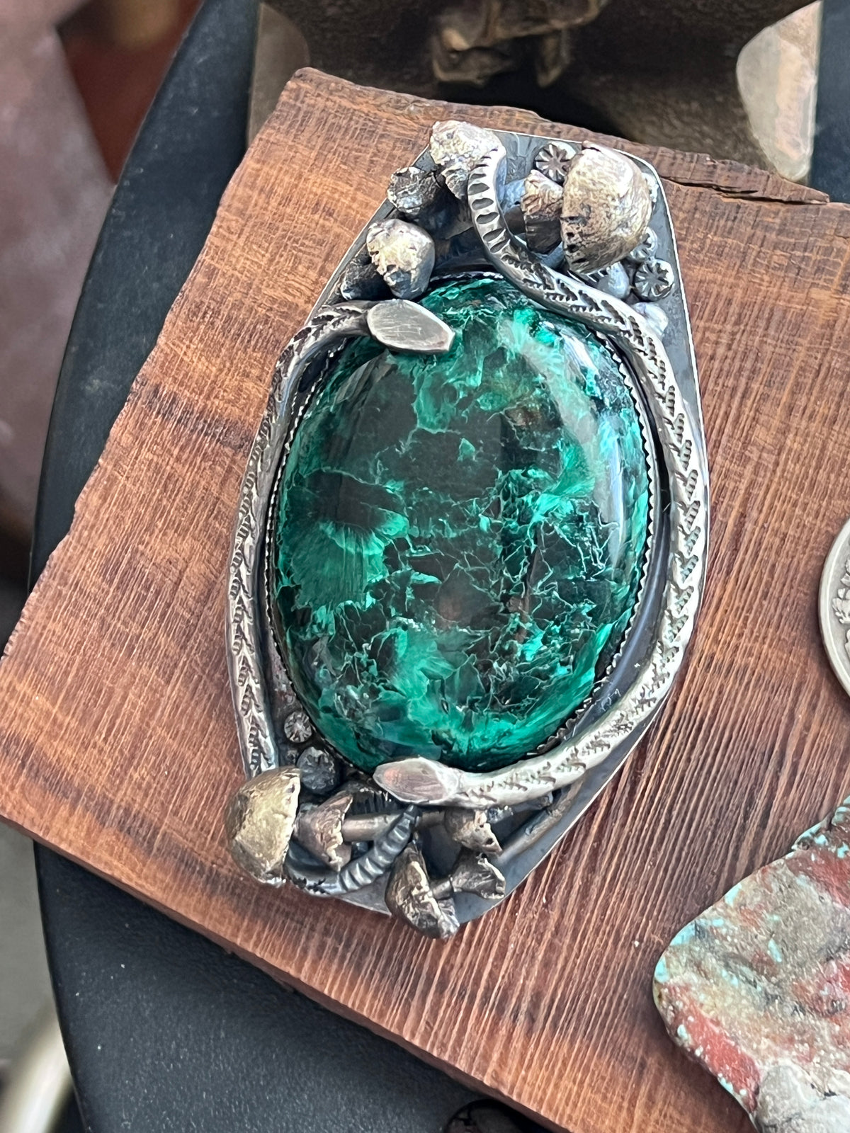 Sterling Silver, Brass and Malachite Garden Rattlesnake Pendant by Isaac Baca