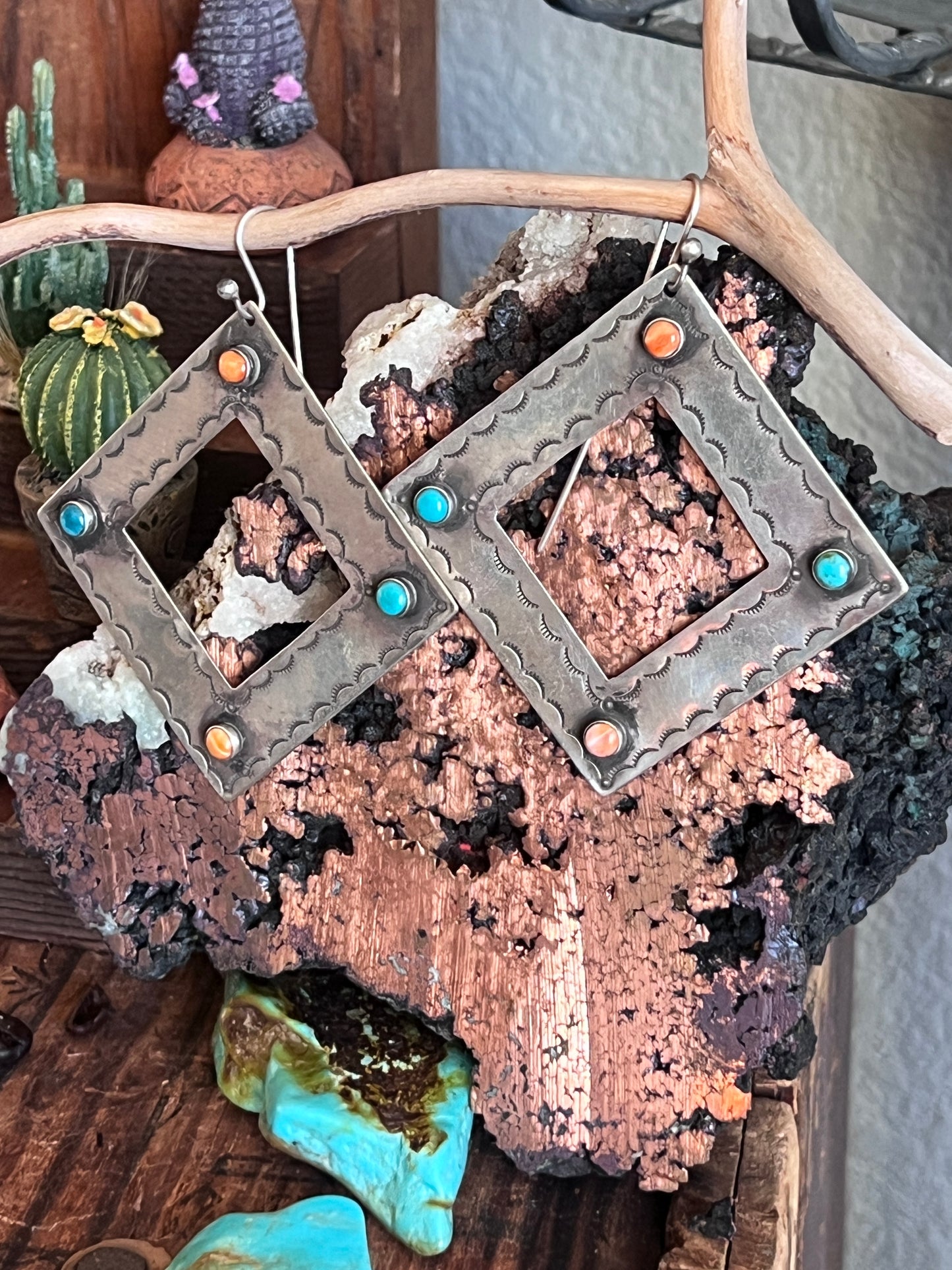Kimari Somers Handcrafted Square Sterling Silver, Turquoise and Spiny Oyster Shell Earrings