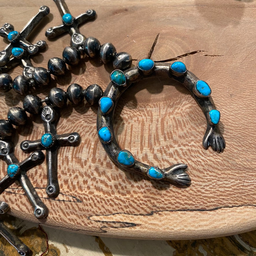 Vintage Sterling Silver and Turquoise Cross Squash Blossom Style Necklace Unsigned