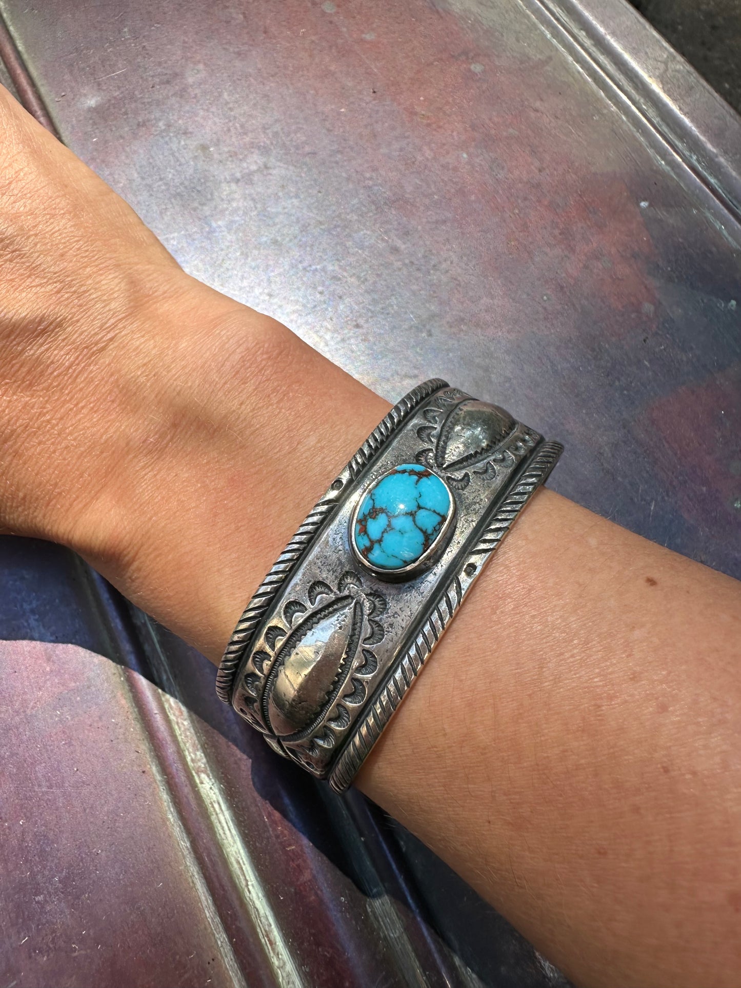 Hand Forged Sterling Silver and Turquoise Ingot Cuff Bracelet by Navajo Artist, Gabe Natan