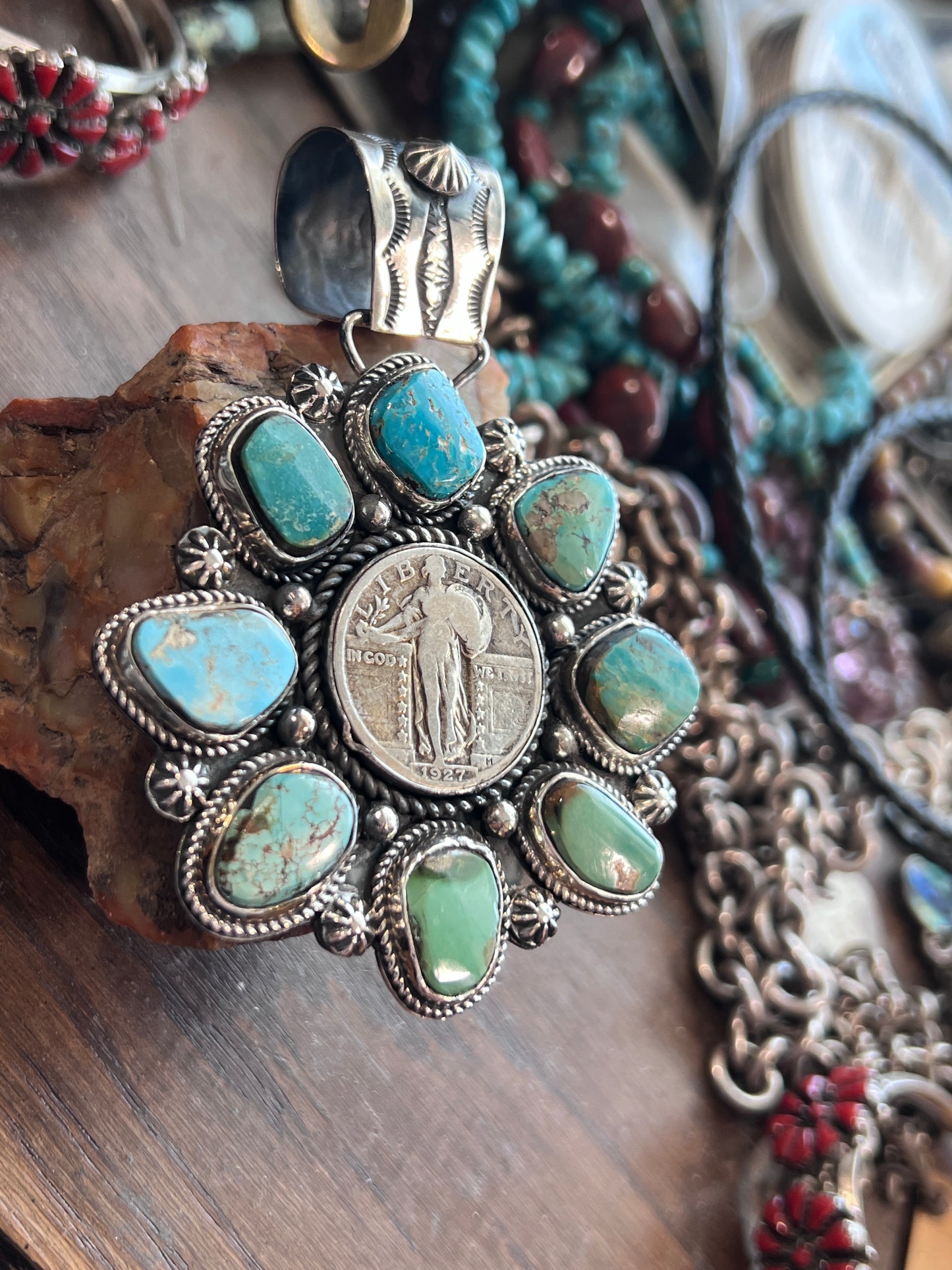 Turquoise Cluster Pendant with 1927 Liberty Quarter by Rosella Paxson