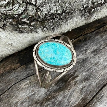 Navajo Made Sterling Silver and Turquoise Oval Cuff Bracelet Signed Wydell Billie