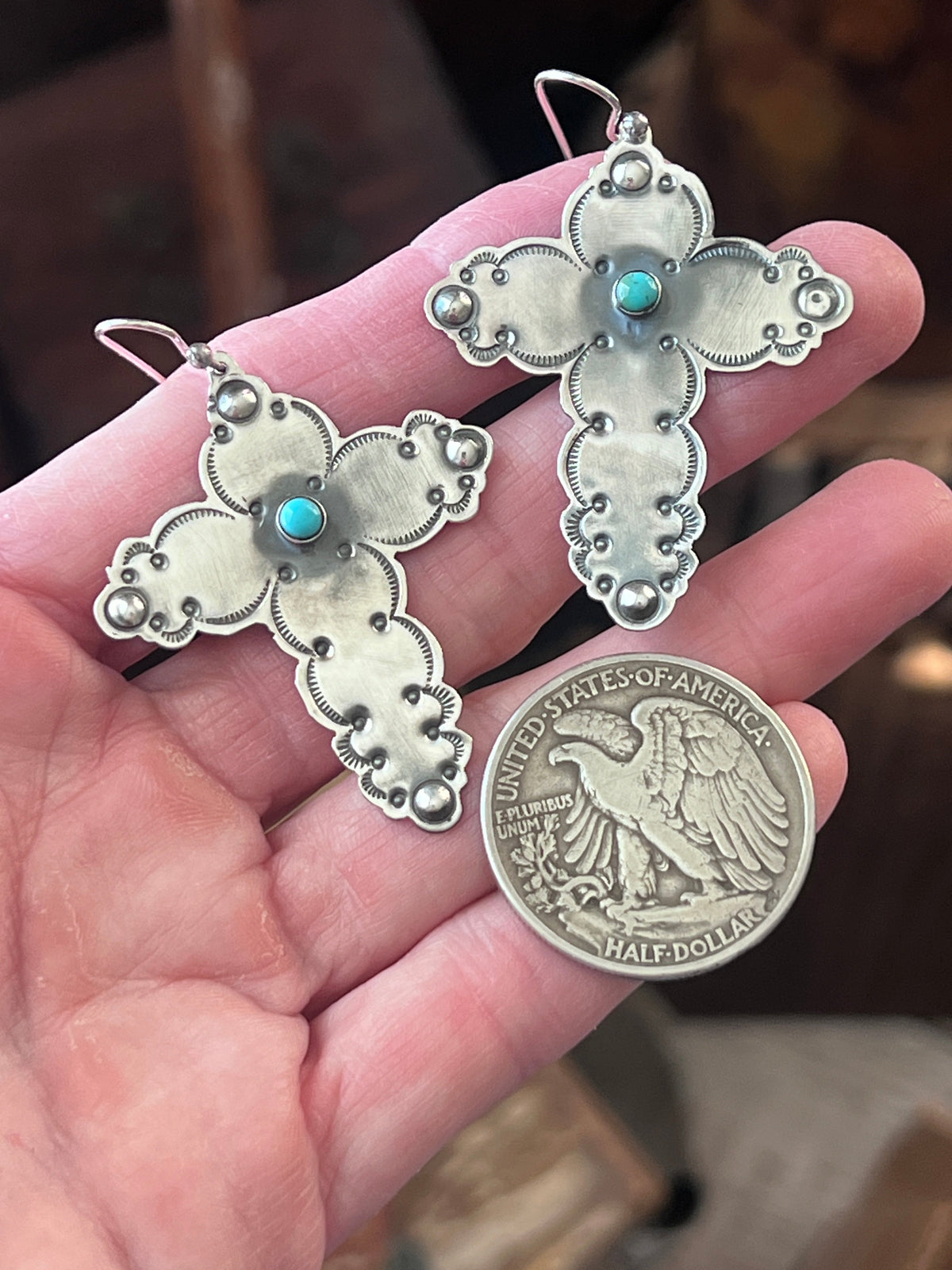 Hand Stamped Cloud Design Sterling Silver Cross Dangle Earrings with Kingman Turquoise by Kimari Somers