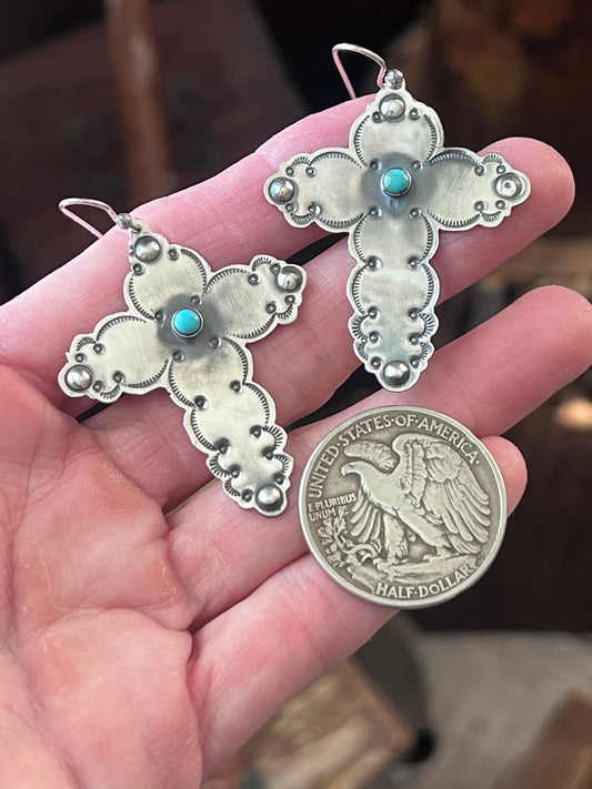 Hand Stamped Cloud Design Sterling Silver Cross Dangle Earrings with Kingman Turquoise by Kimari Somers