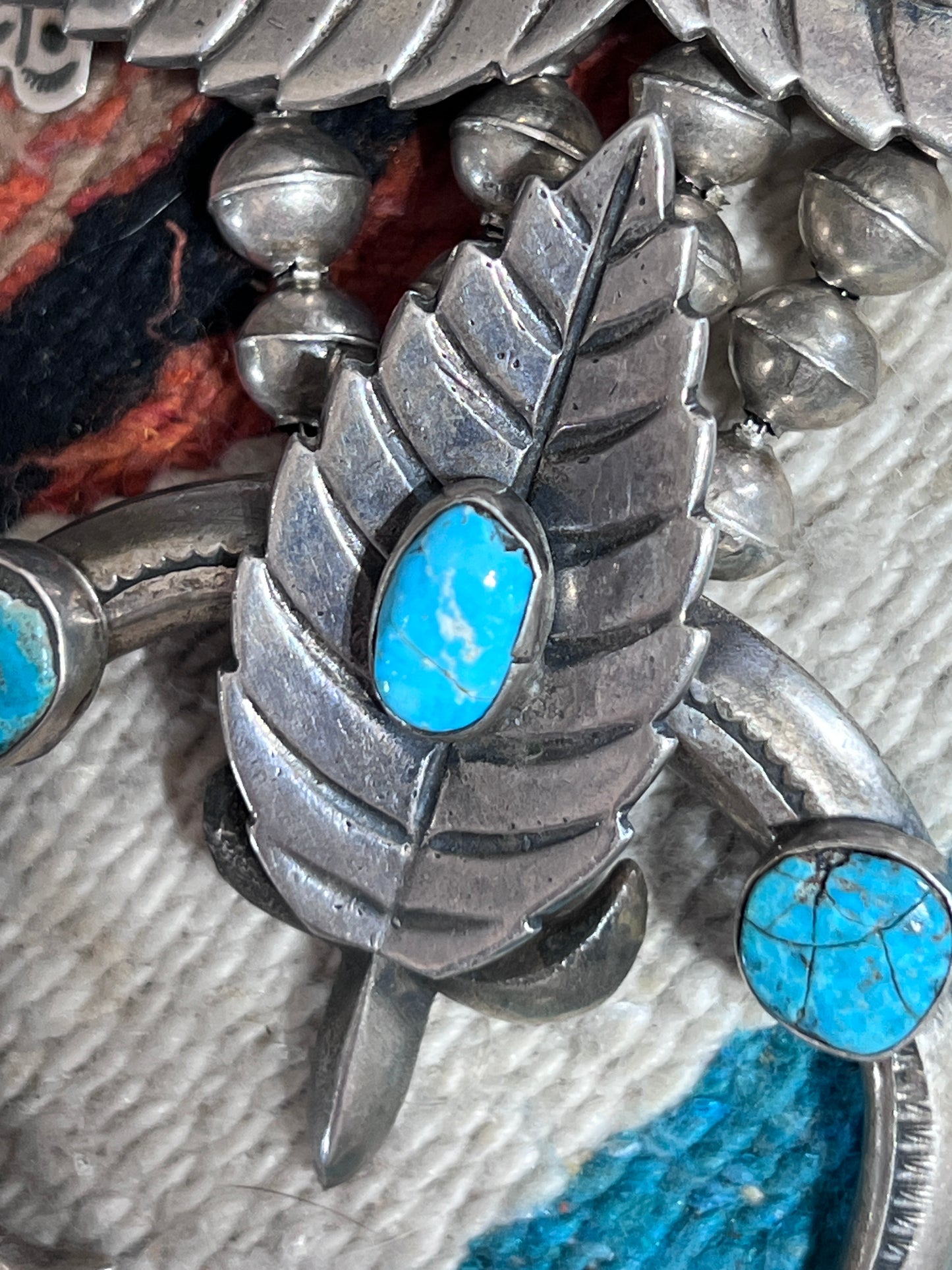 Vintage Unsigned Sterling Silver and Turquoise Squash Blossom with Leaf Motif