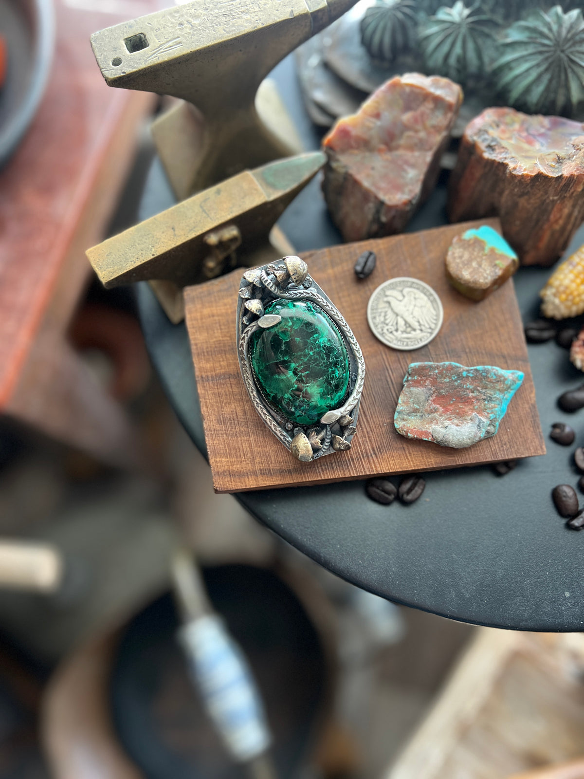 Sterling Silver, Brass and Malachite Garden Rattlesnake Pendant by Isaac Baca