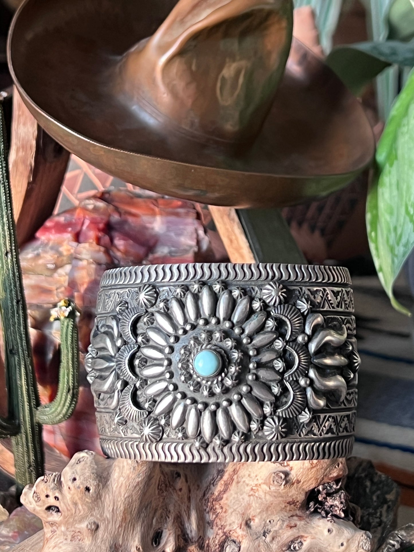 Darryl Becenti Sterling Silver Stamped & Appliqué Cuff Bracelet w/ Dry Creek Turquoise Accent