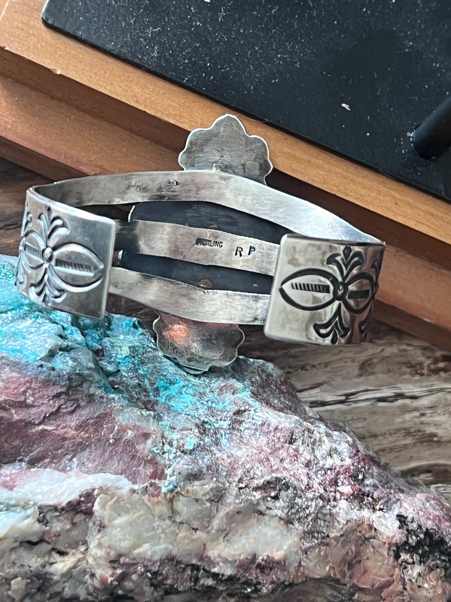 Rosella Paxson Pilot Mountain Turquoise and Spiny Oyster Stamped Split Cuff