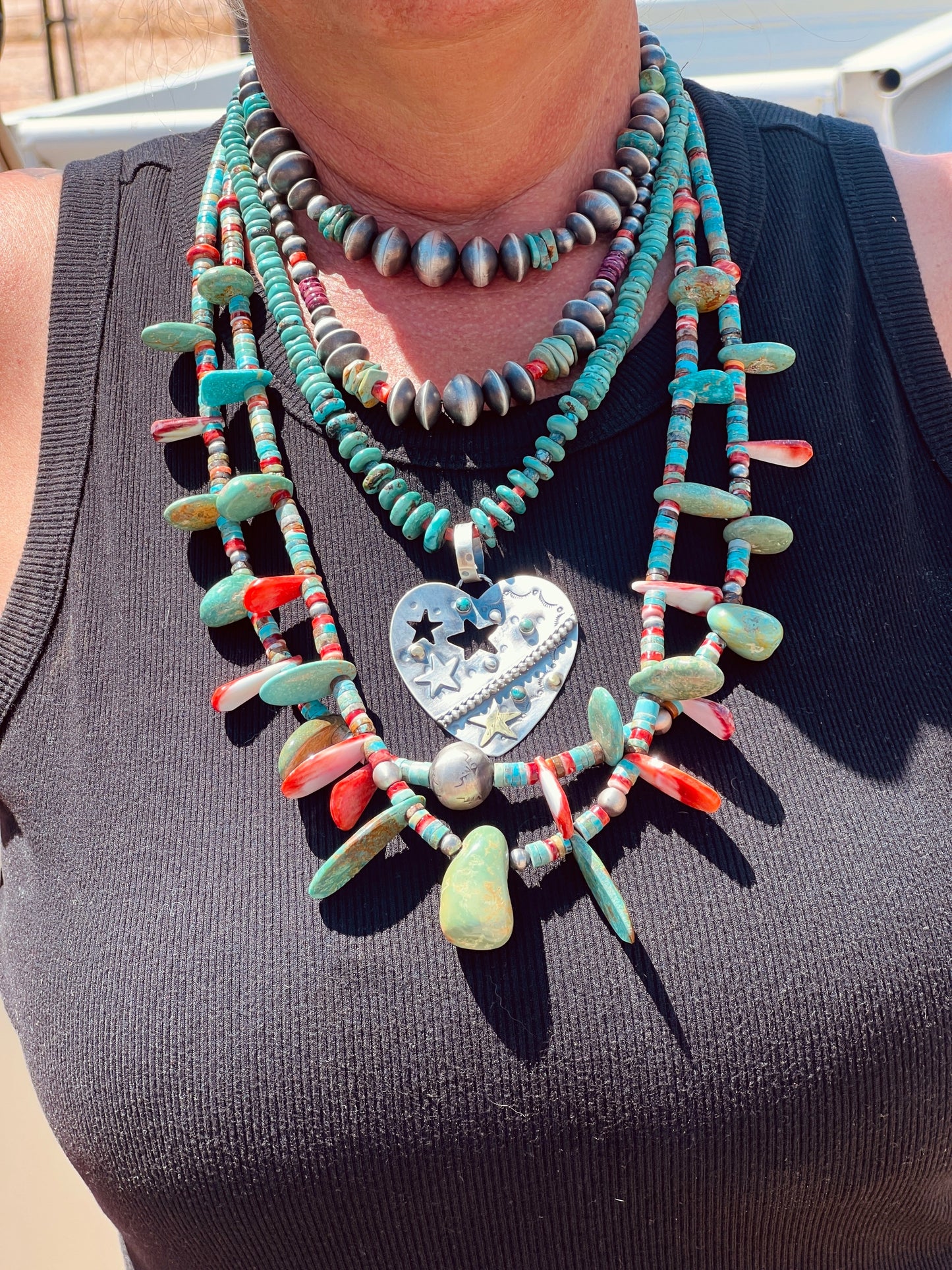 Hand Stamped Sterling Silver & Turquoise Heart Pendants w/ Brass Accents by Kimari Somers