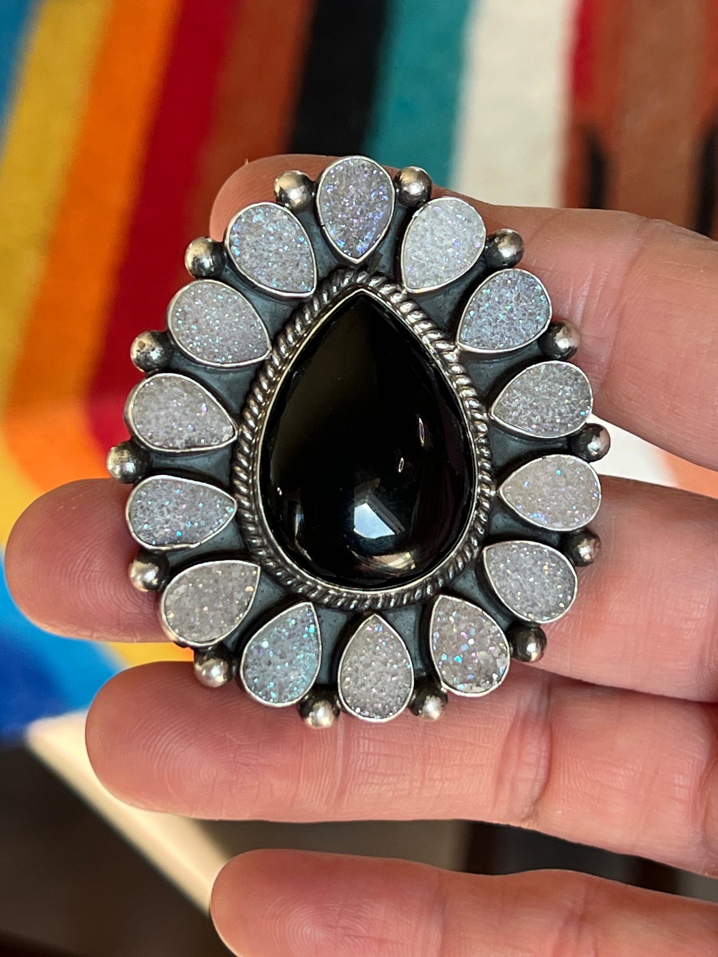 Navajo Sterling Silver, Black Onyx and Angel Aura Druzy Quartz Cluster Ring by Tyler Brown, Adjustable