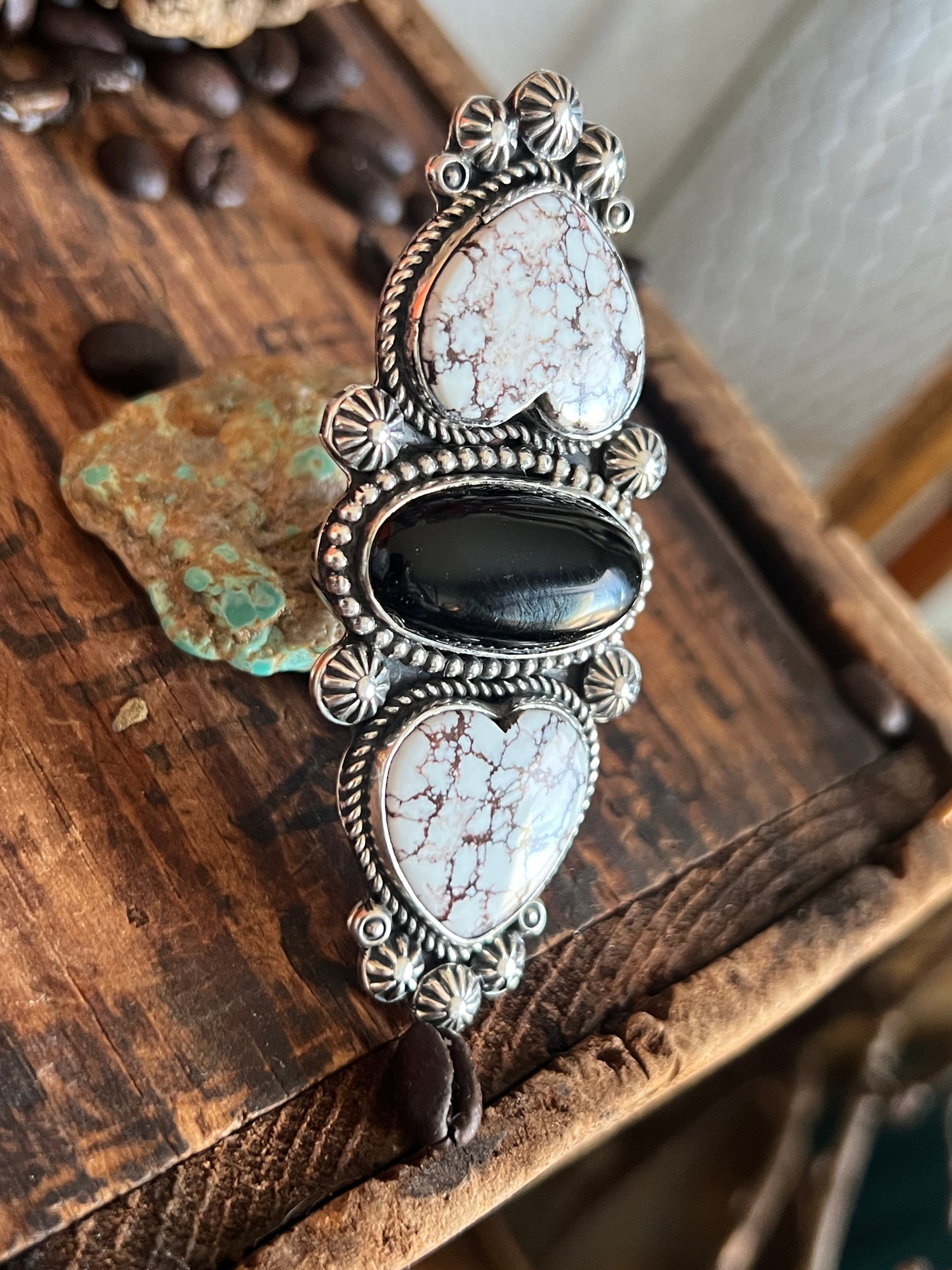Rosella Paxson Triple Stone Sterling ring with Wild Horse Magnesite Hearts and Oval Onyx, Sz 8.5