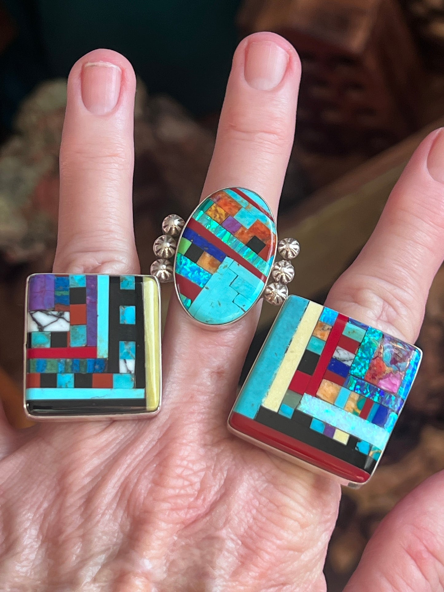 Ronald Chavez Electric Rainbow Sterling Silver Square Mosaic Multistone Ring, Size 9