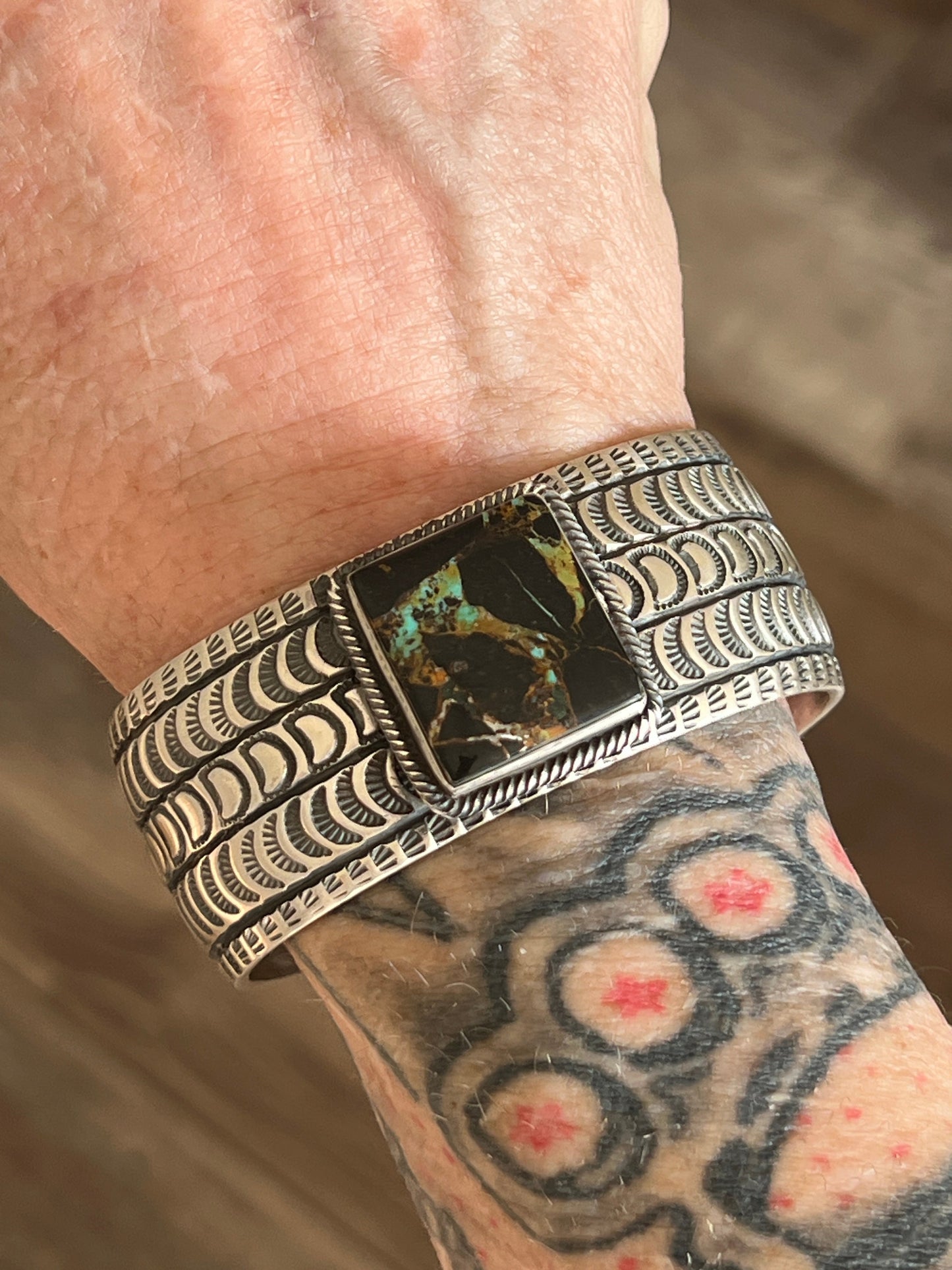 Navajo Sterling Silver and Blackjack Turquoise Hand Stamped Cuff Bracelet by Randy Boyd