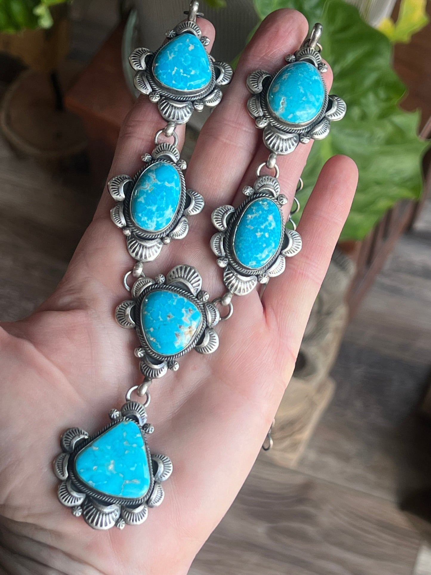 Stellar Navajo Sterling Silver and Whitewater Turquoise  Necklace and Earrings Set by Gilbert Tom