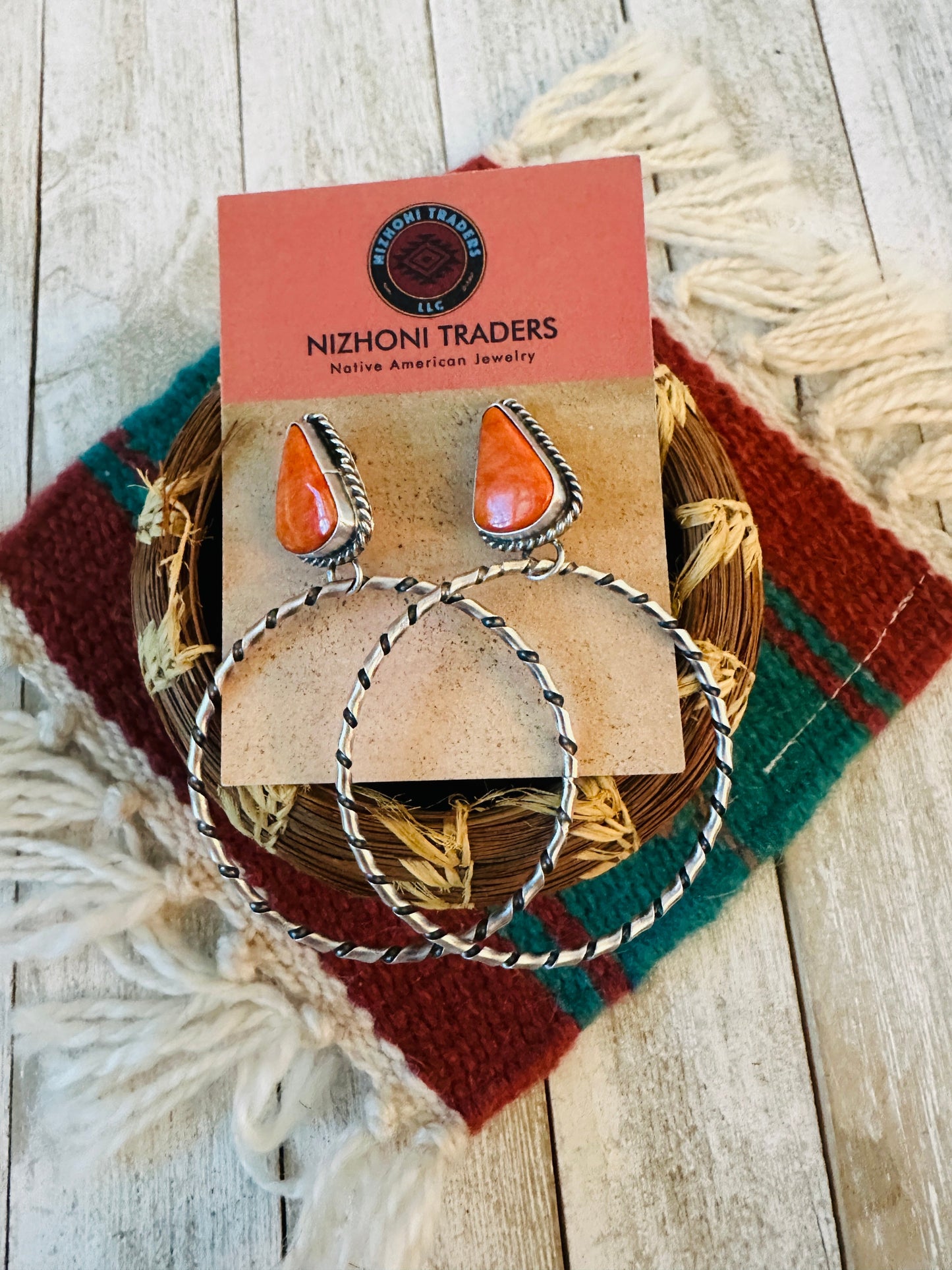 Navajo Orange Spiny and Sterling Silver Dangle Hoop Earrings