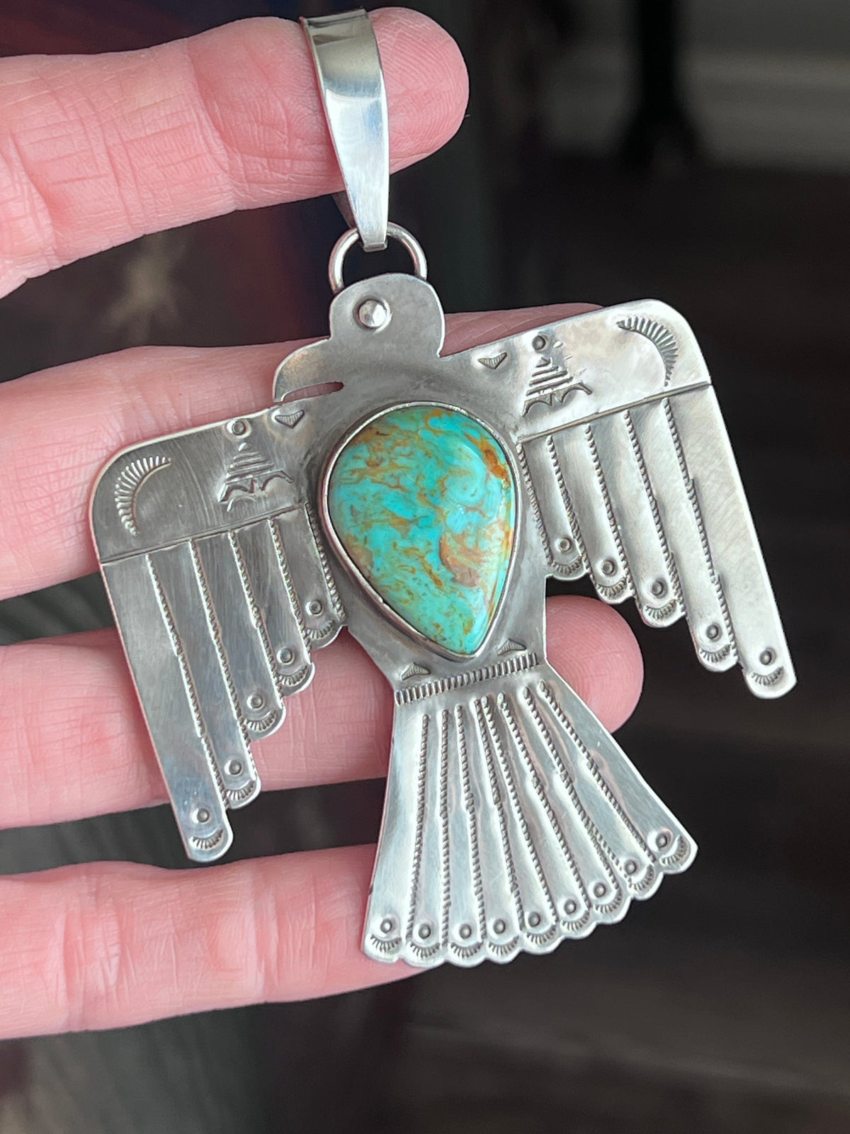 Kimari Somers Hand Stamped Sterling Silver & Kingman Turquoise Thunderbird Pendant 5