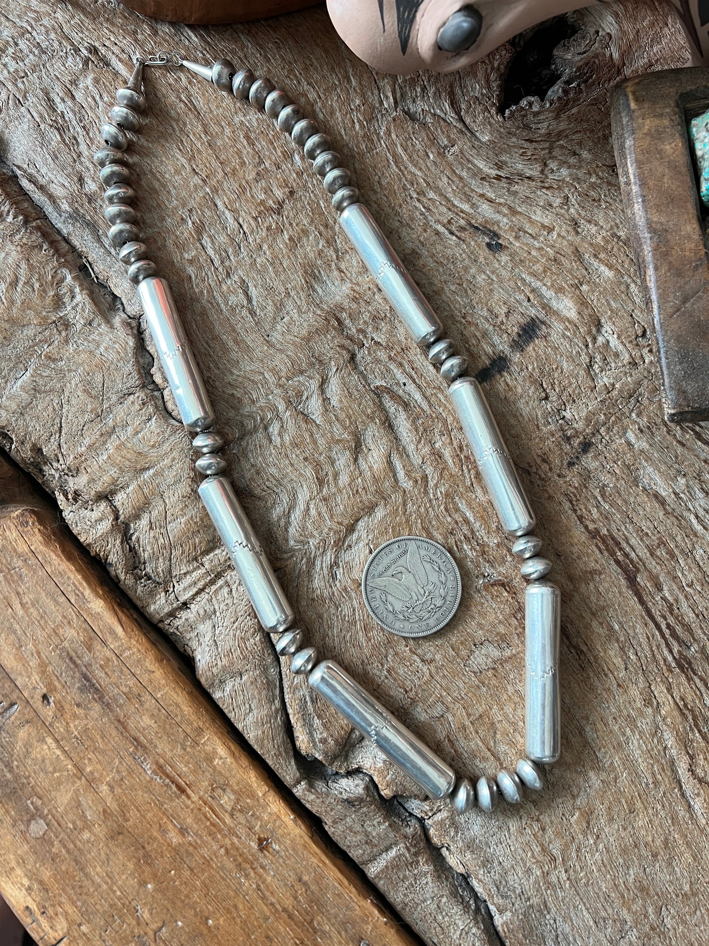 Vintage Native Handcrafted Sterling Silver Bead Necklace by Joe Tortolita