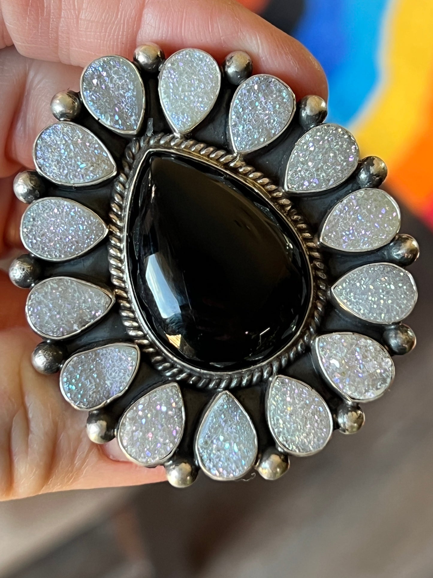 Navajo Sterling Silver, Black Onyx and Angel Aura Druzy Quartz Cluster Ring by Tyler Brown, Adjustable