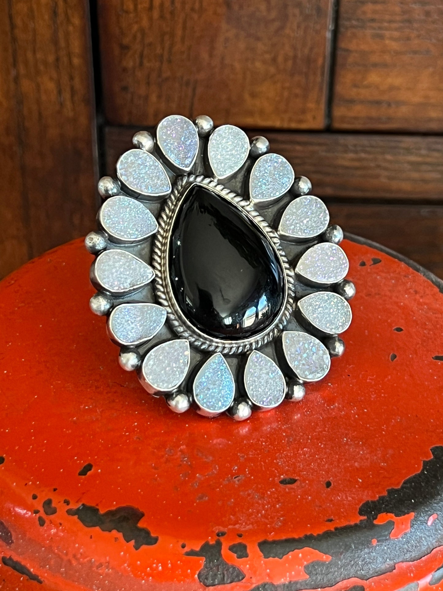 Navajo Sterling Silver, Black Onyx and Angel Aura Druzy Quartz Cluster Ring by Tyler Brown, Adjustable