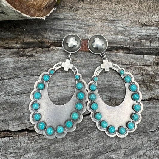 Artisan Made Sterling Silver and Turquoise Large Scallop Earrings by Dennis Hogan